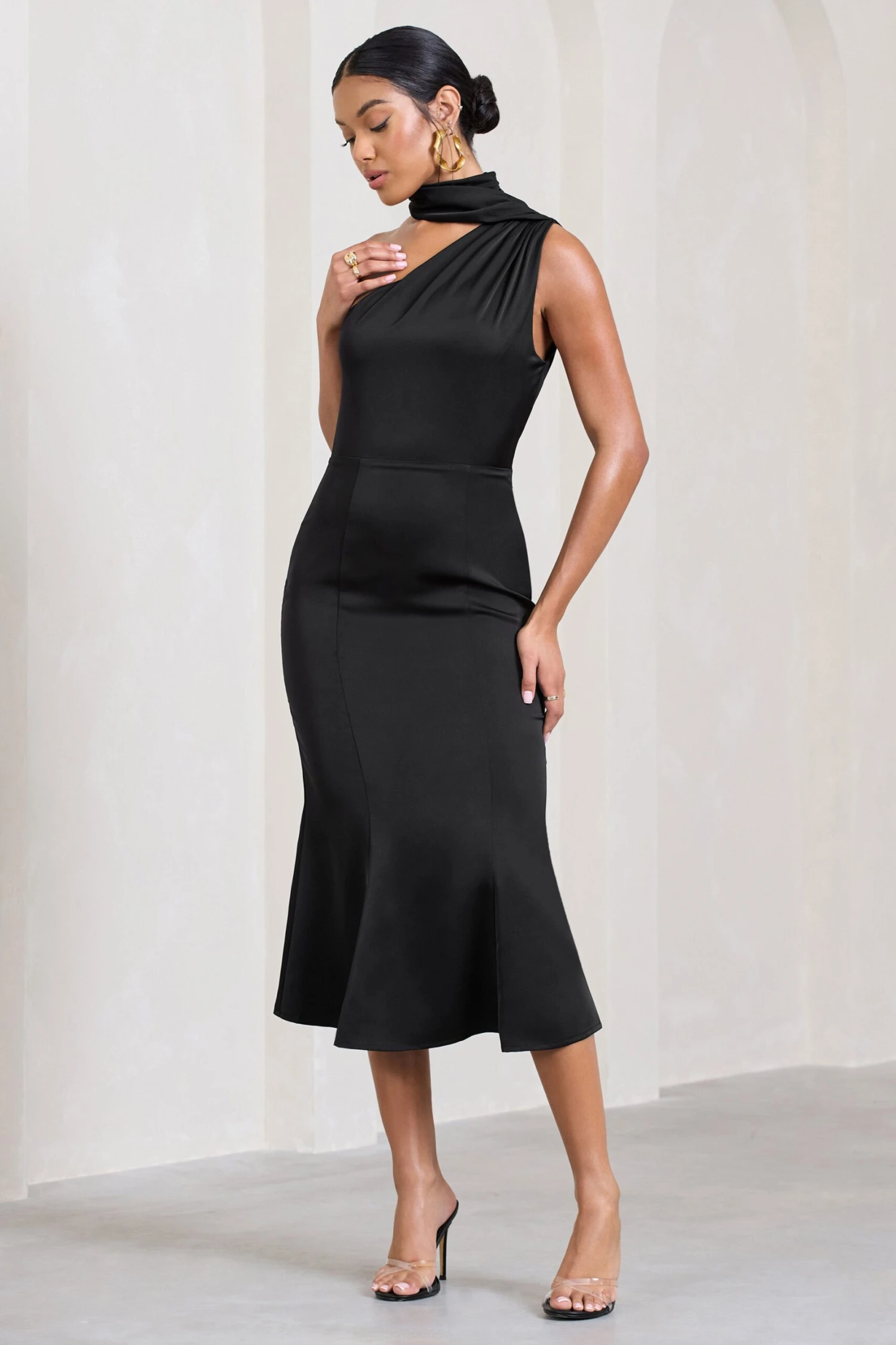 Golden Girl | Black Satin Asymmetric High-Neck Flared Midi Dress - Image 5