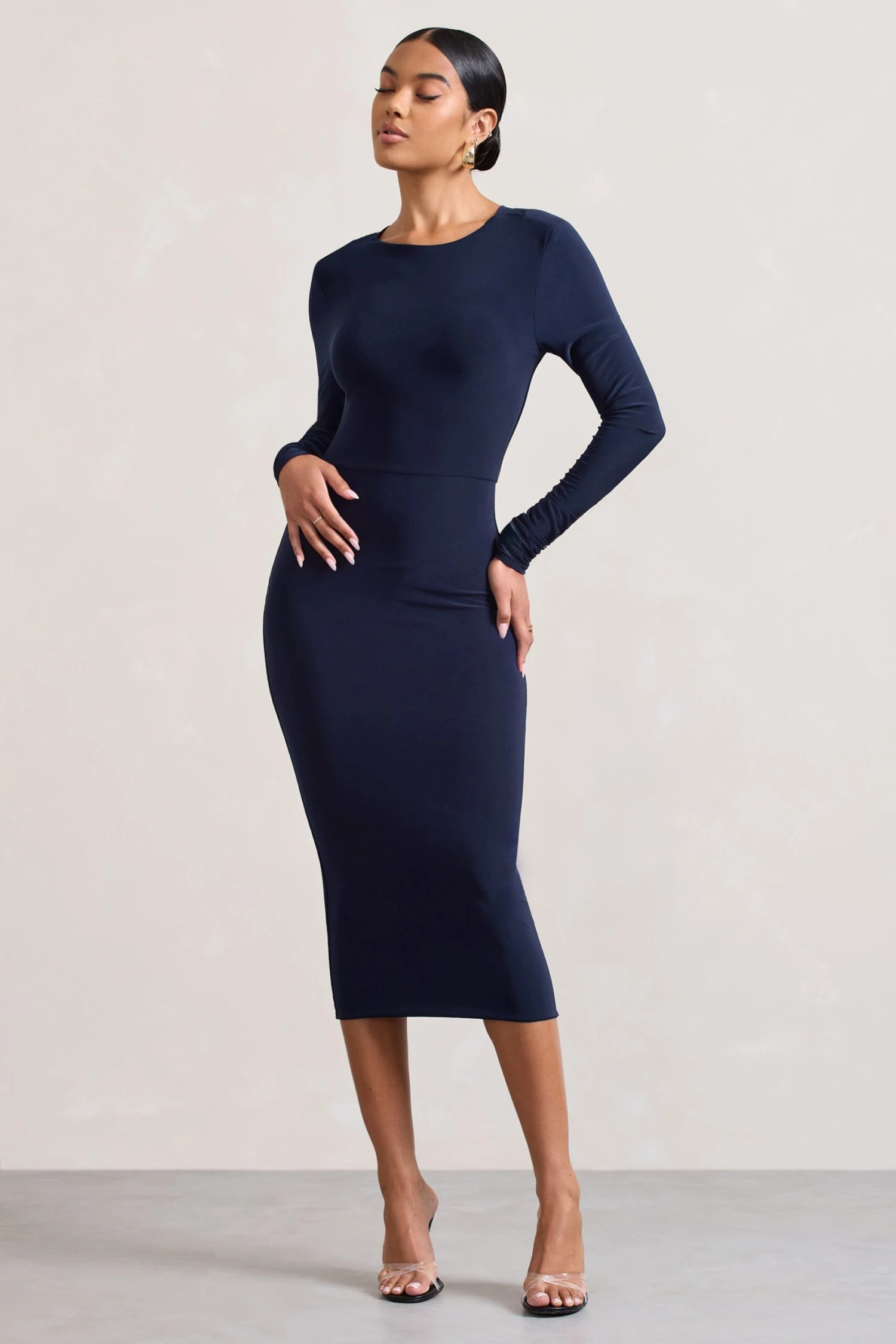Dynasty Darling | Navy Cowl-Back Long-Sleeved Bodycon Midi Dress - Image 4