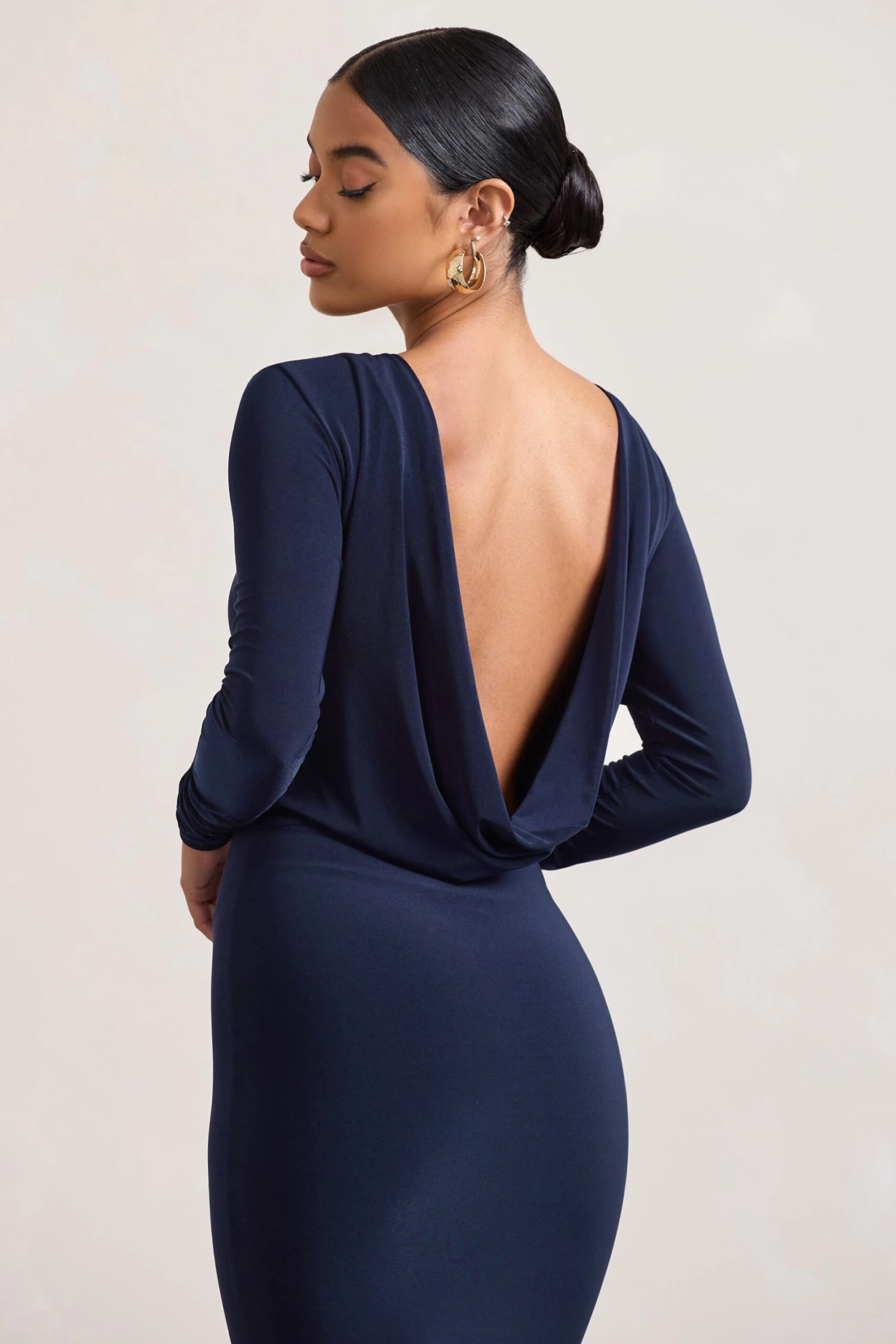 Dynasty Darling | Navy Cowl-Back Long-Sleeved Bodycon Midi Dress - Image 3