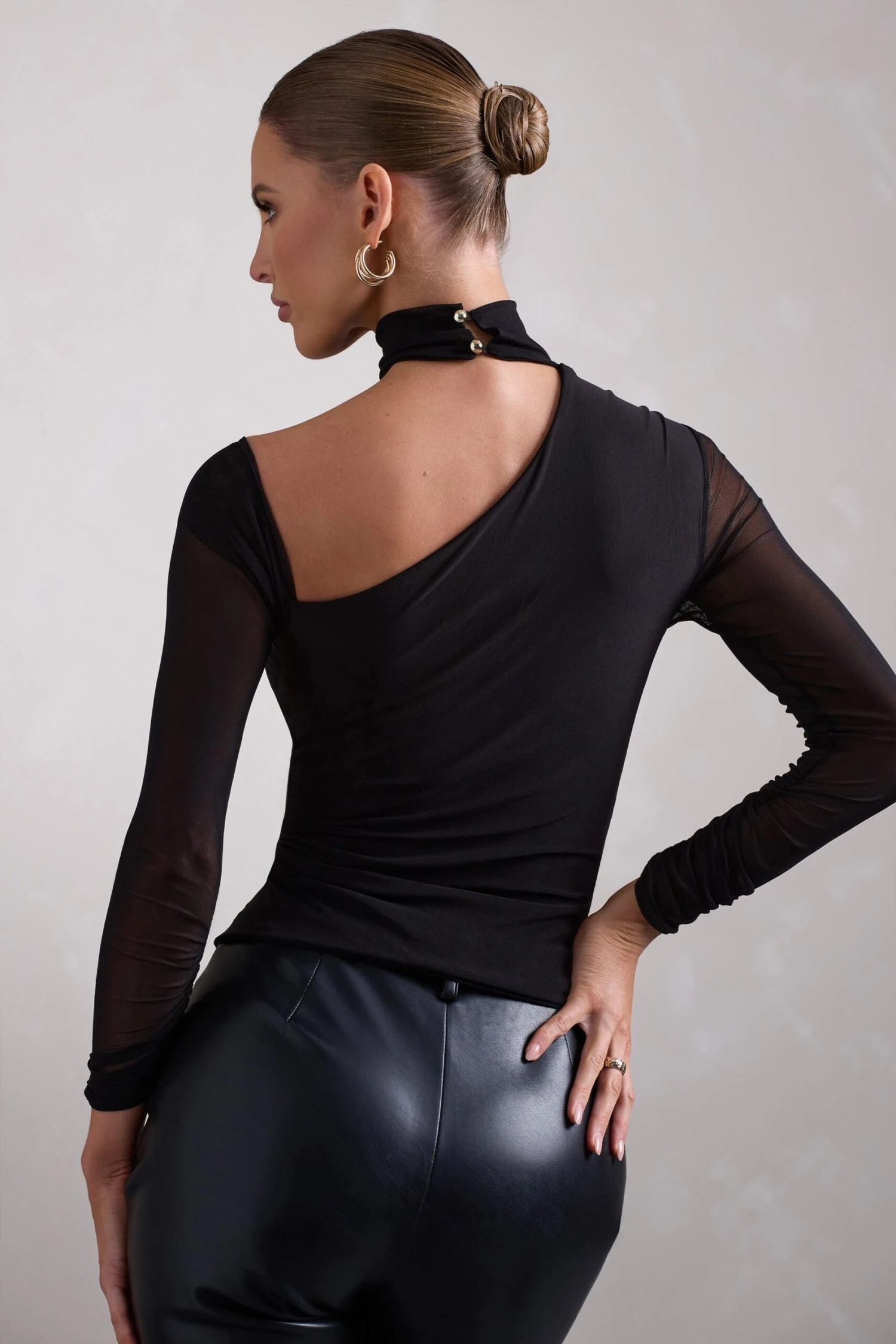 Nicole | Black Ruched Mesh Asymmetric Top With Long Sheer Sleeves - Image 2