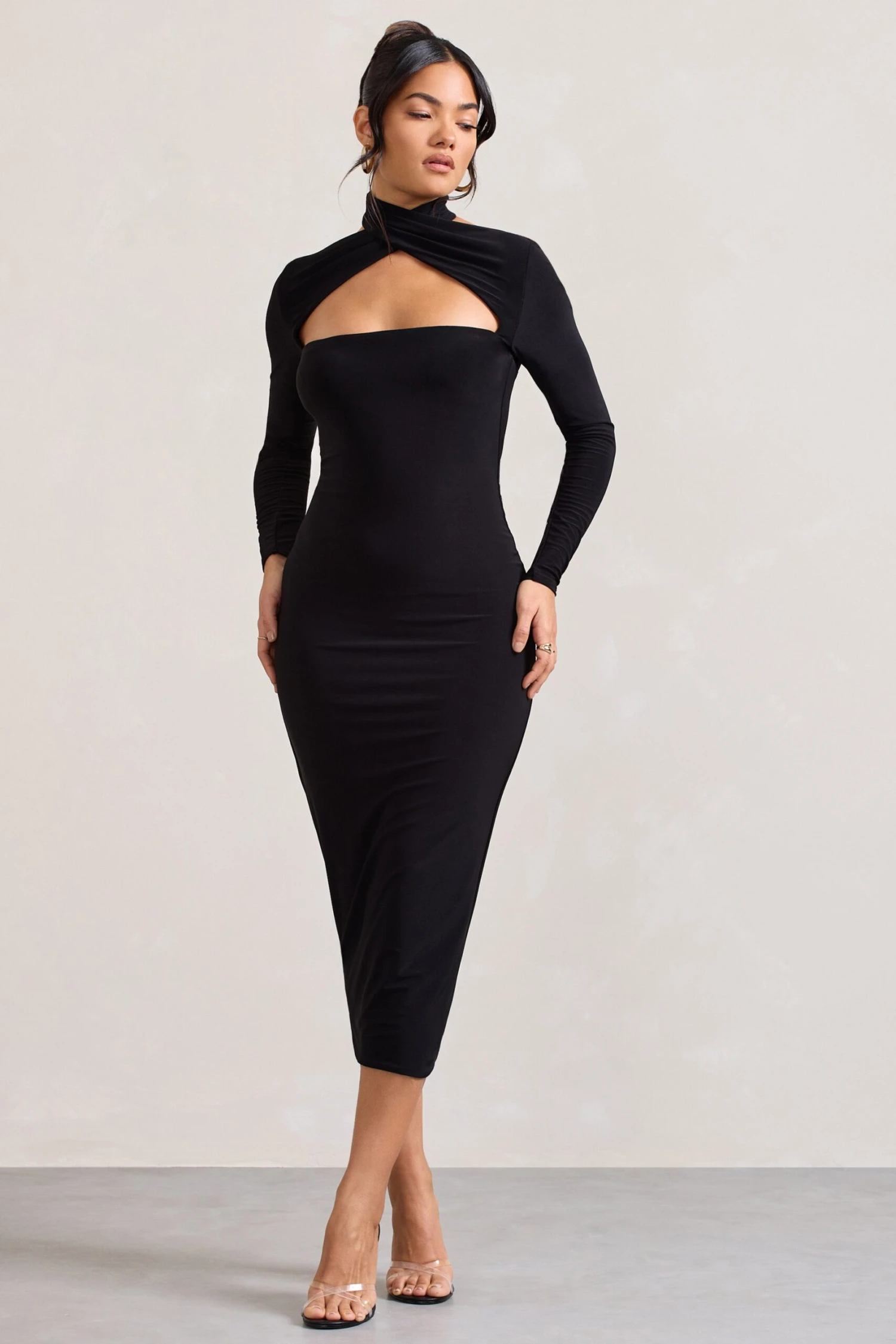 High Hopes | Black Halter-Neck Long-Sleeved Bodycon Midi Dress - Image 4