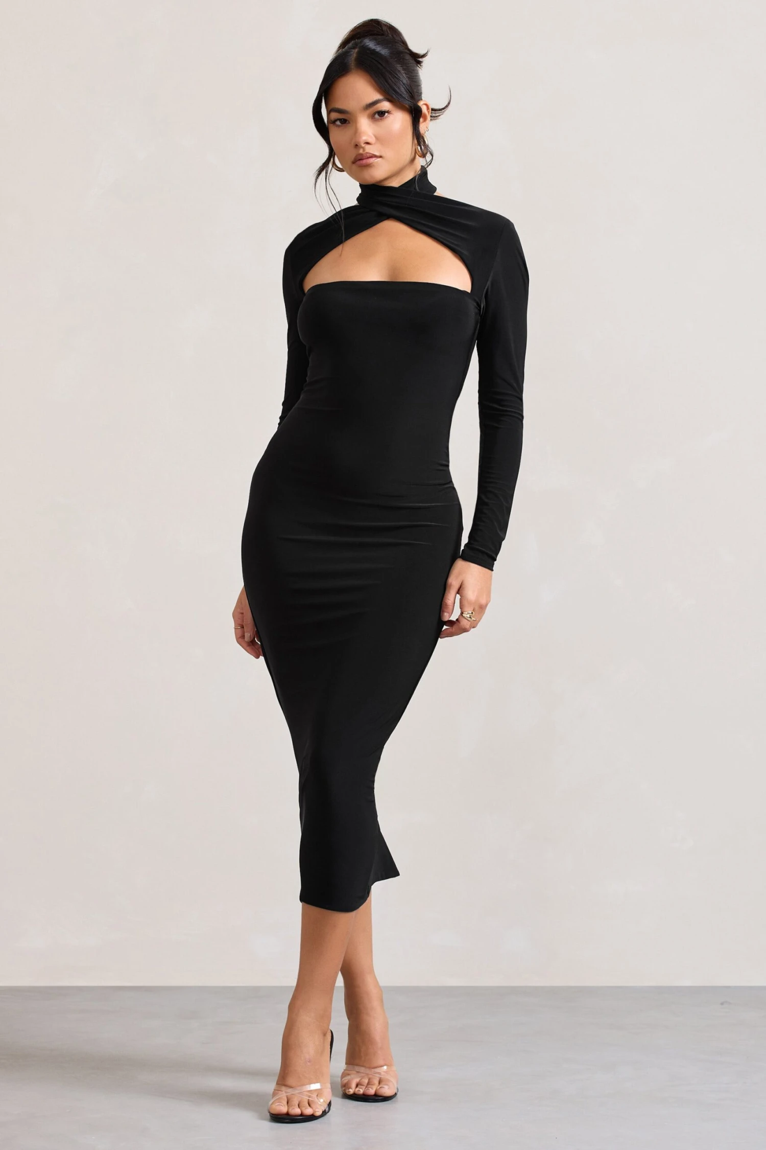 High Hopes | Black Halter-Neck Long-Sleeved Bodycon Midi Dress - Image 5