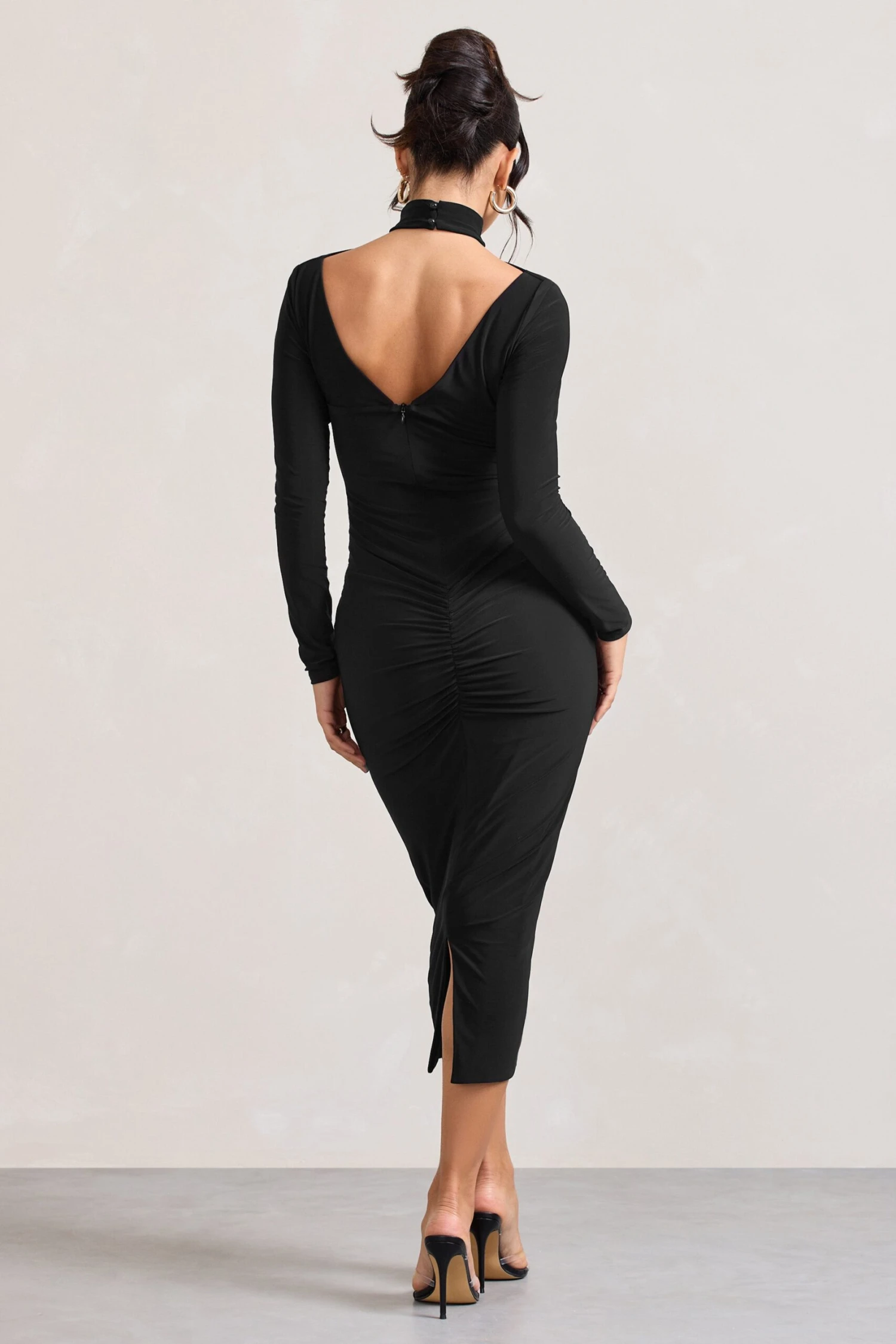 High Hopes | Black Halter-Neck Long-Sleeved Bodycon Midi Dress - Image 2