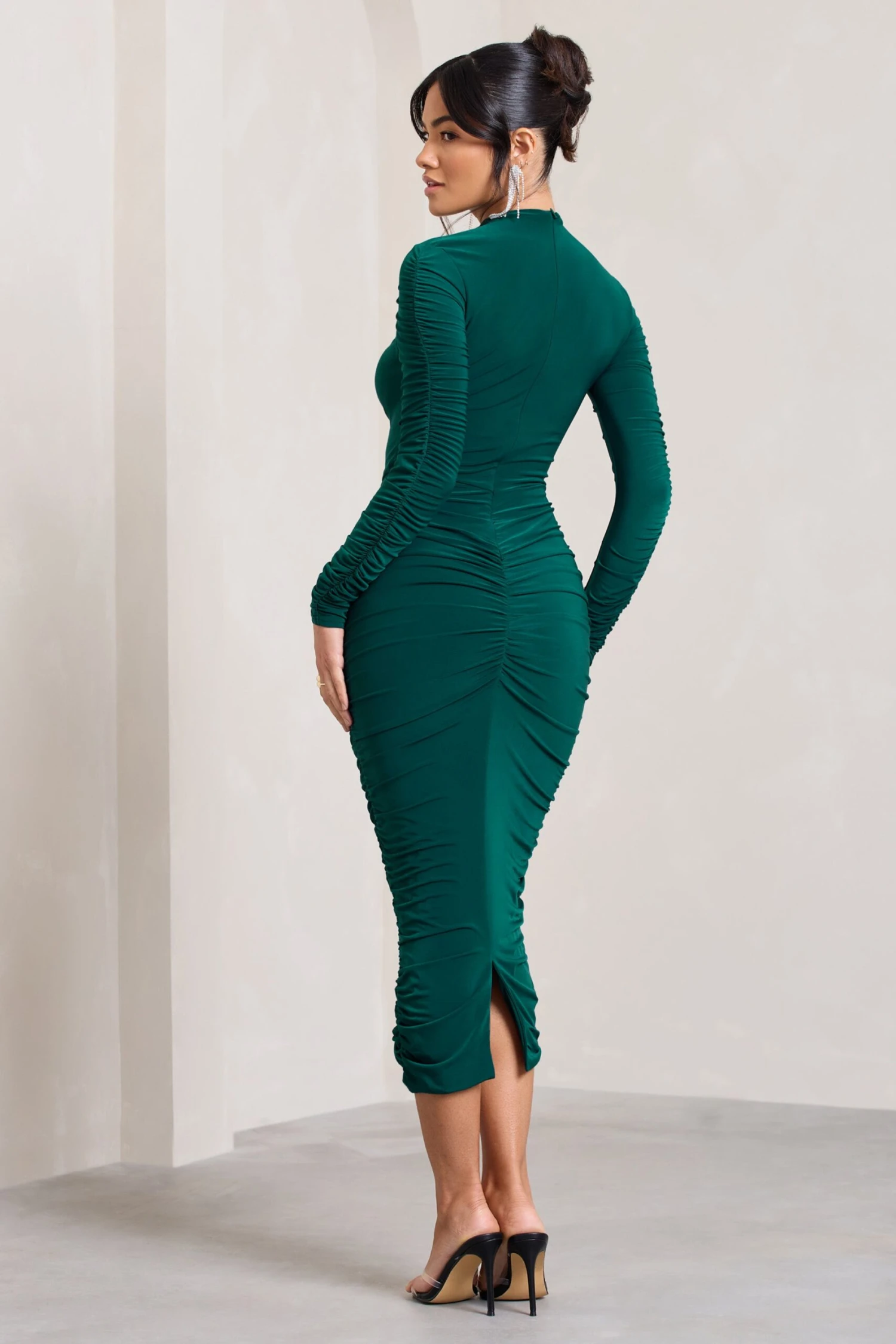 Eveline | Bottle Green Ruched High-Neck Long-Sleeved Bodycon Midi Dress - Image 2