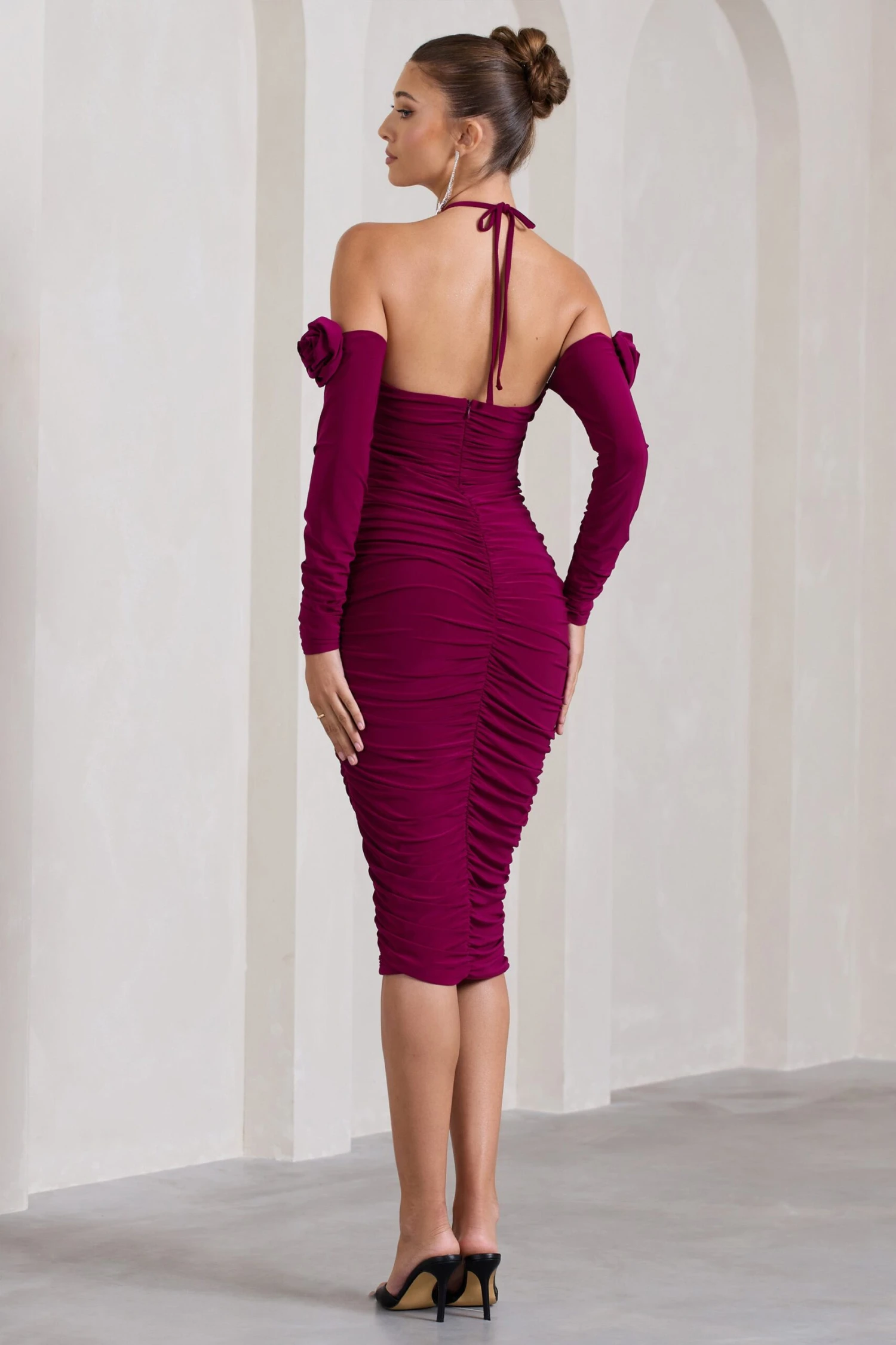 Extra Special | Dark Cherry Ruched Halter-Neck Midi Dress With Flowers - Image 2