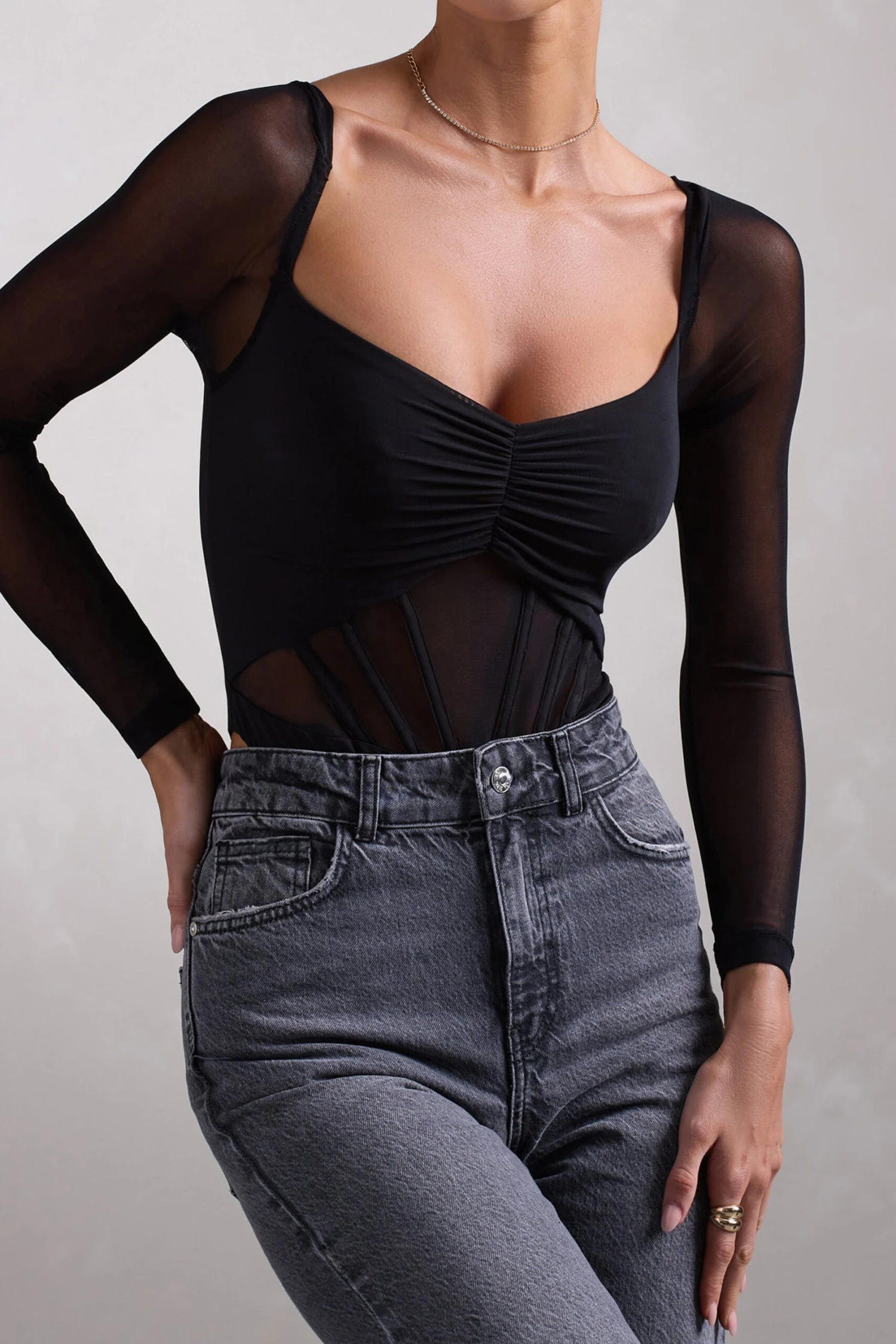 Arienna | Black Ruched Mesh Long-Sleeved Corset Bodysuit - Image 3