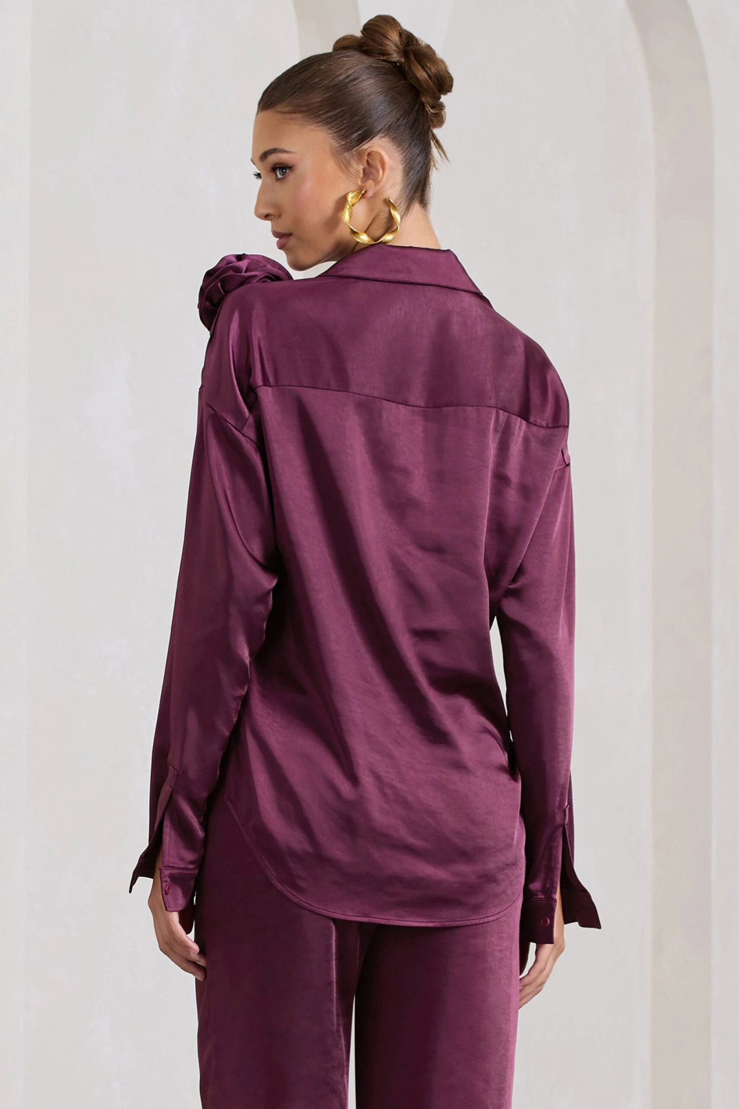 Rosanna | Burgundy Satin Oversized Shirt With Flowers - Image 2