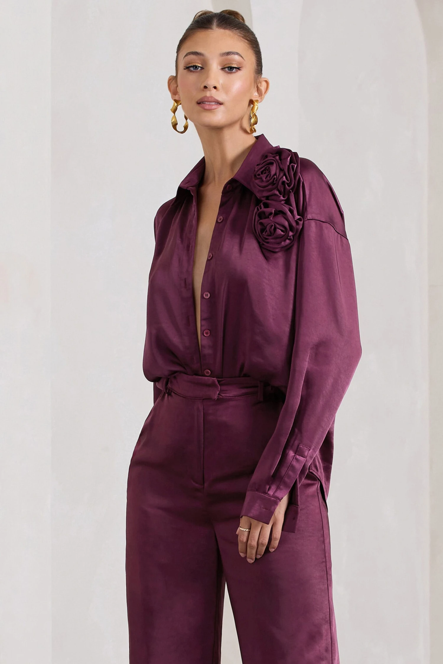 Rosanna | Burgundy Satin Oversized Shirt With Flowers - Image 4