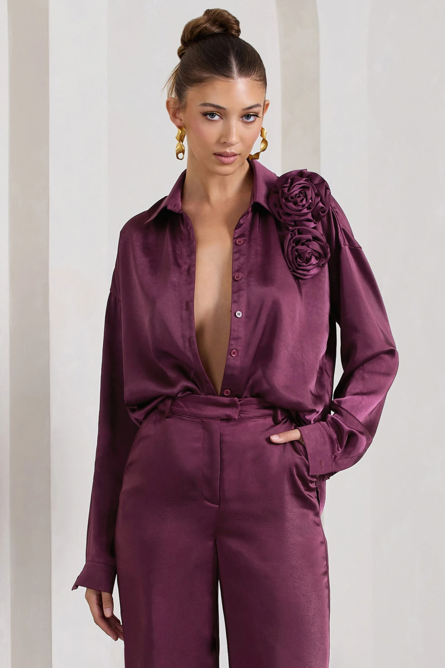 Rosanna | Burgundy Satin Oversized Shirt With Flowers - Image 5