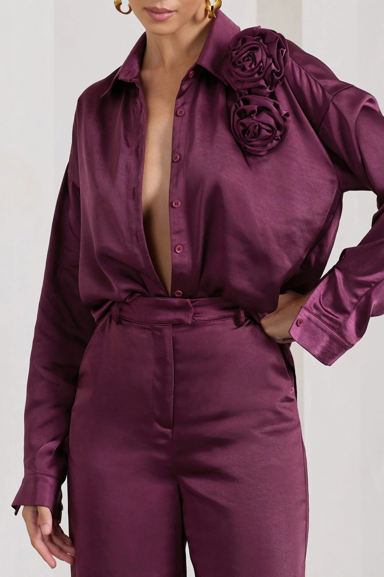 Rosanna | Burgundy Satin Oversized Shirt With Flowers - Image 3
