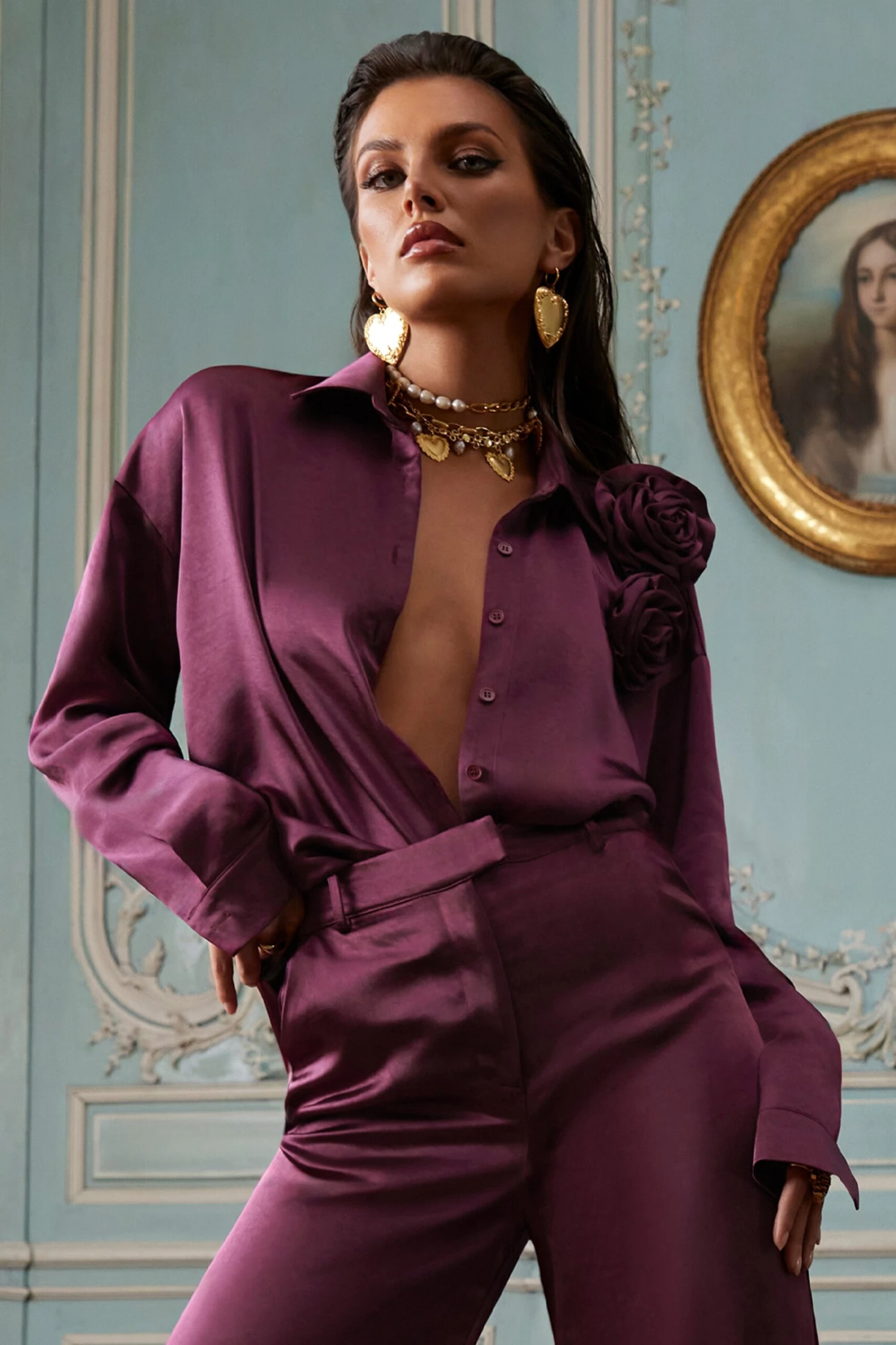 Rosanna | Burgundy Satin Oversized Shirt With Flowers - Image 6