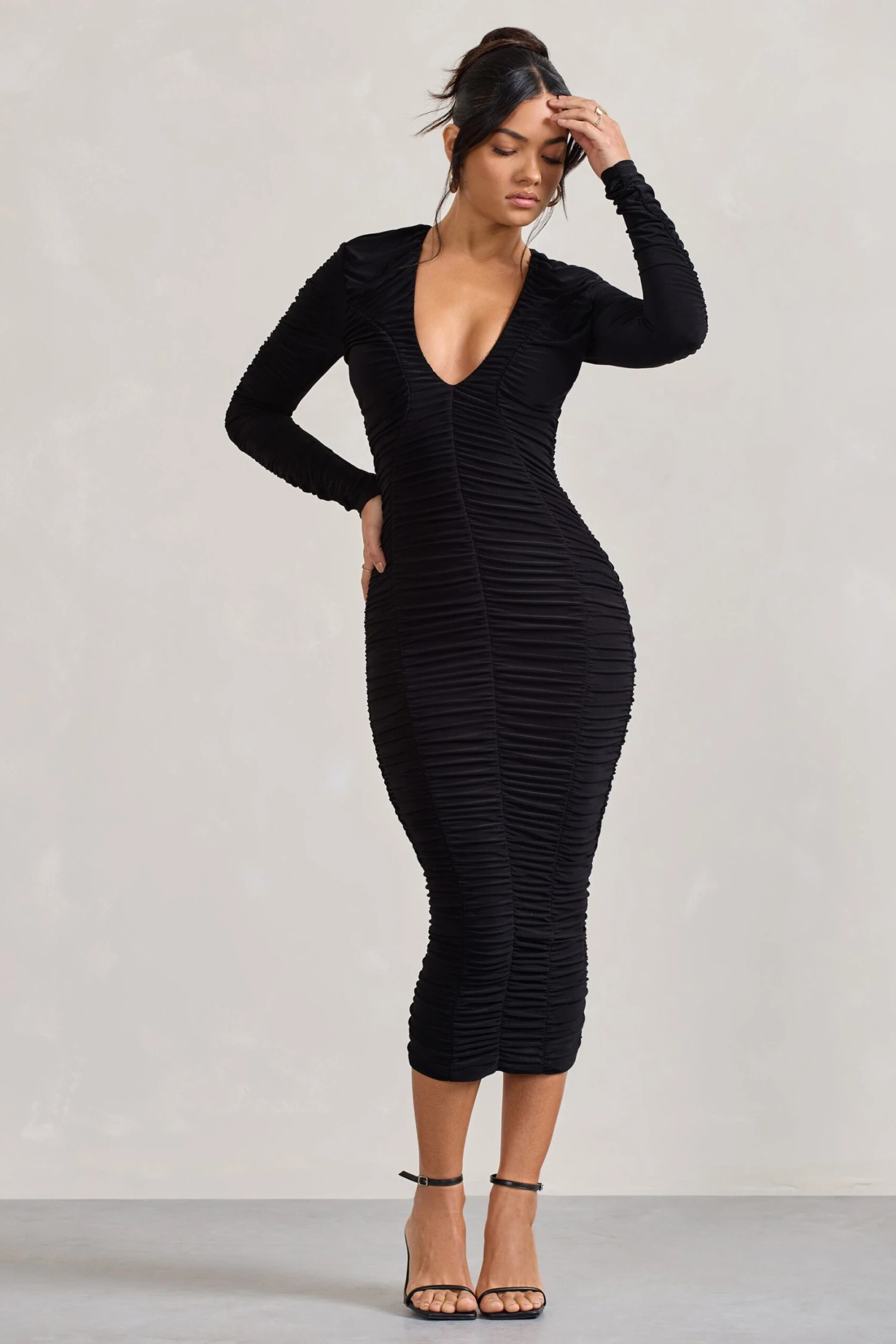 Elisabeth | Black V-Neck Long-Sleeved Midi Dress - Image 4