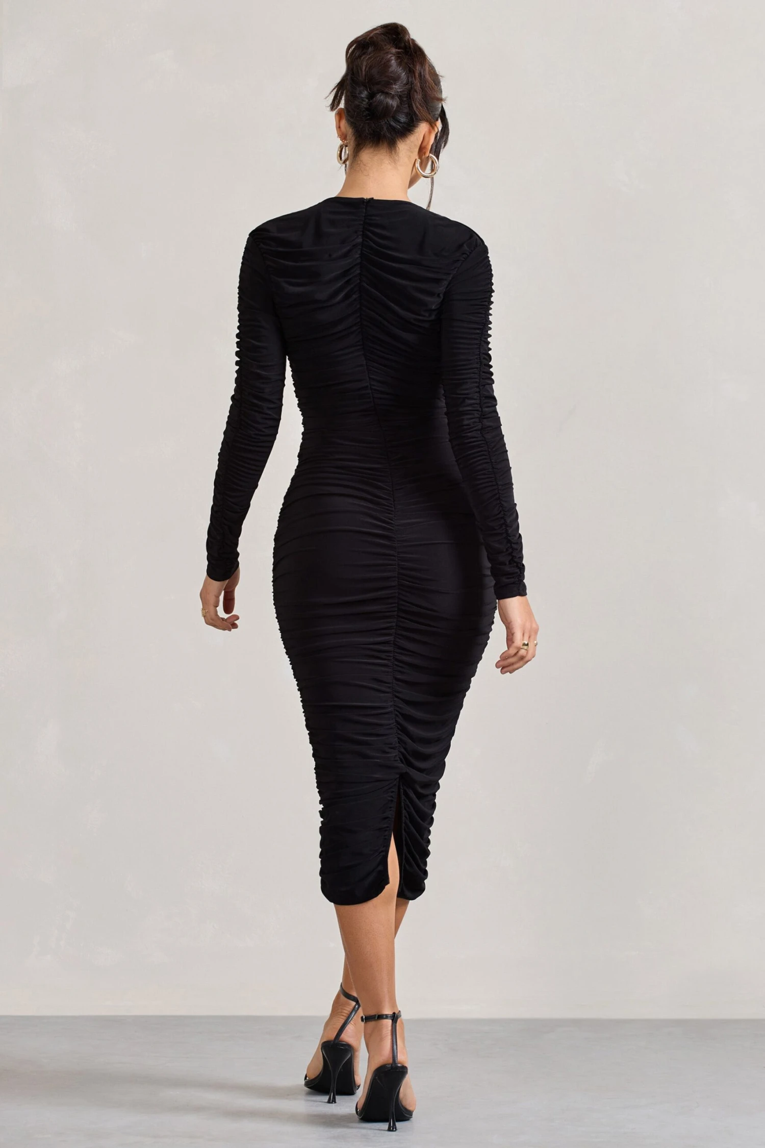 Elisabeth | Black V-Neck Long-Sleeved Midi Dress - Image 2