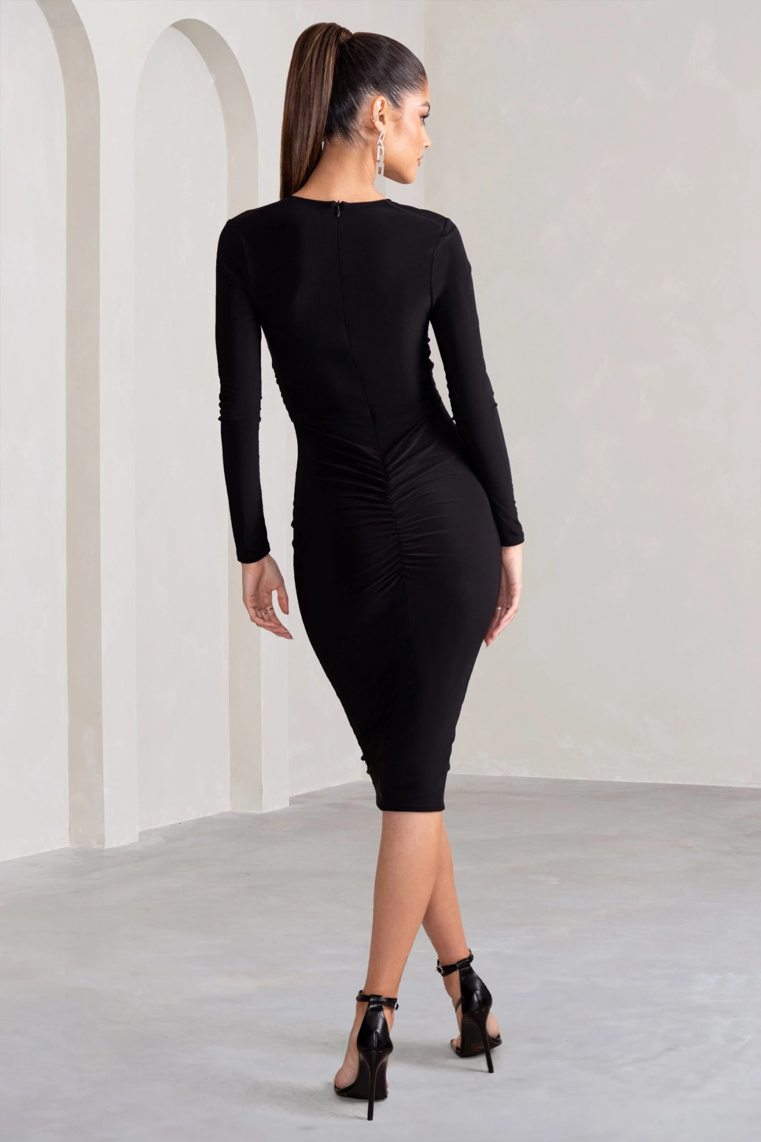 Julieta | Black Plunge Neck Long Sleeve Ruched Midi Dress With Cut Out Detail - Image 2