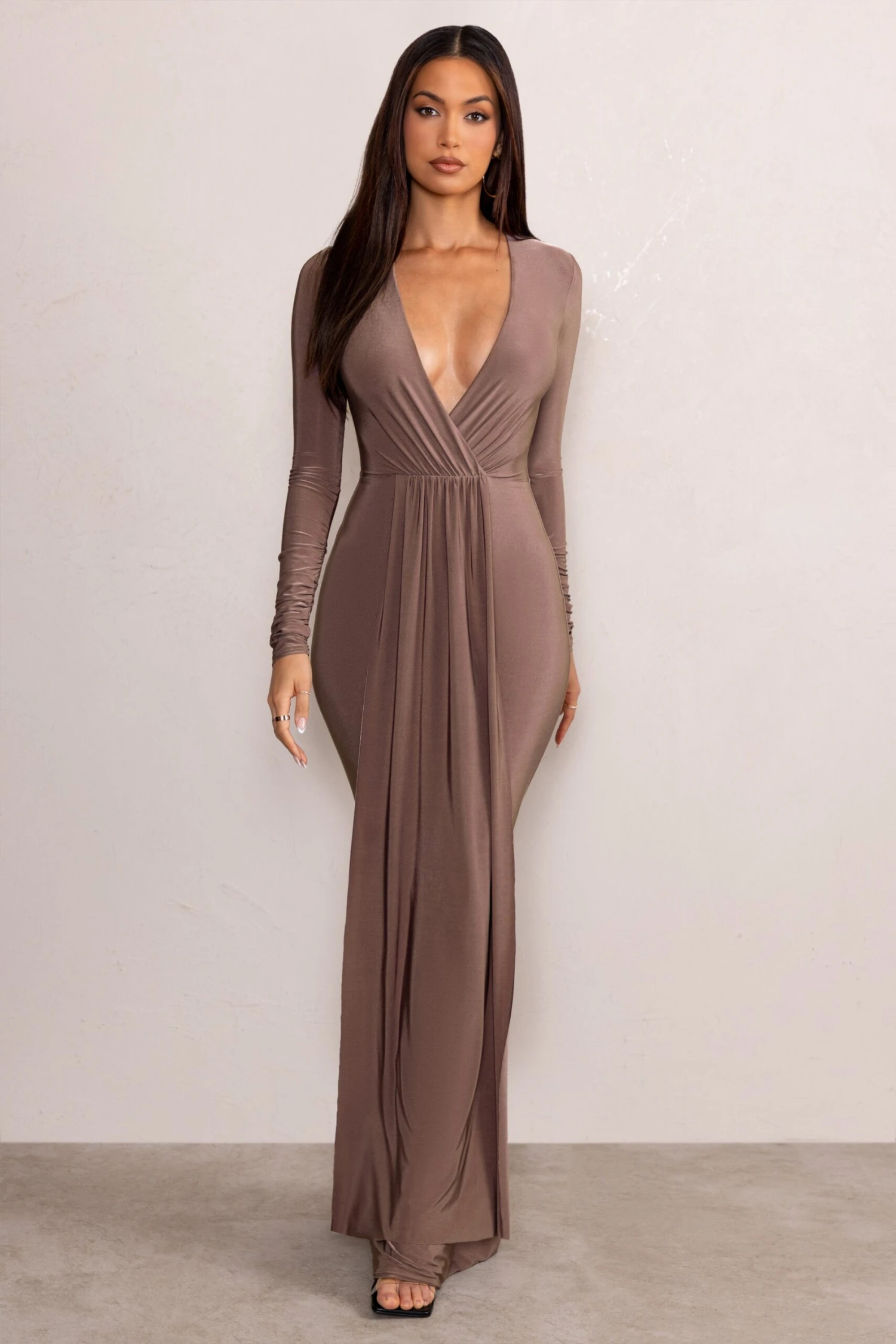 Kyle | Mocha Long Sleeve Plunge Maxi Dress - Image 4