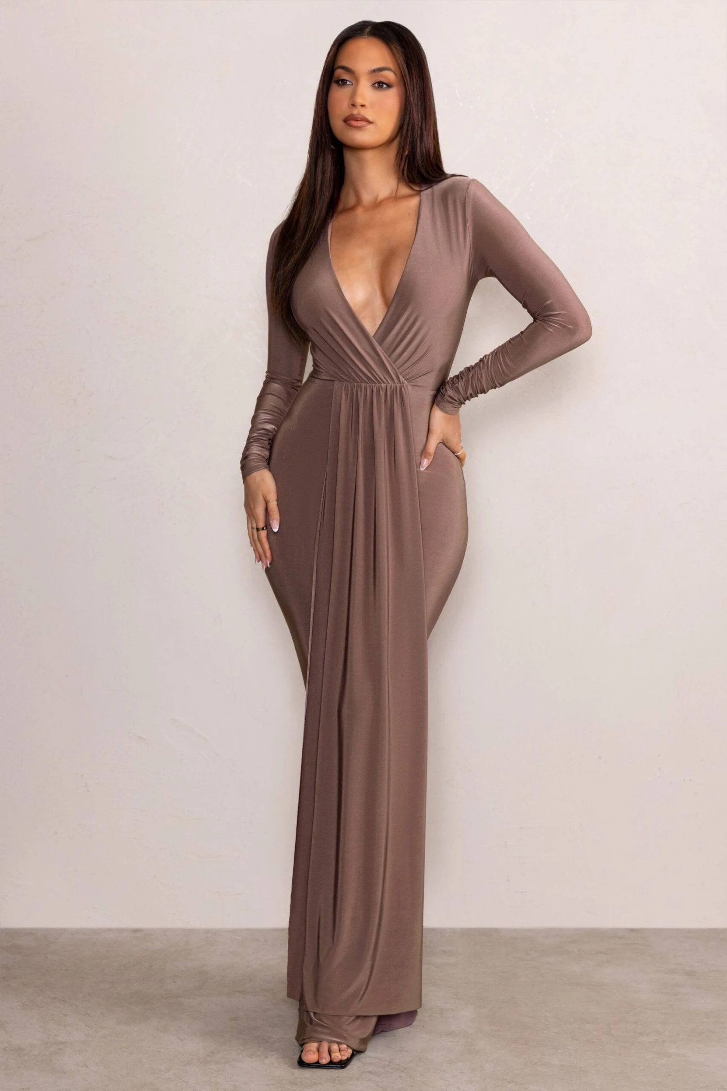 Kyle | Mocha Long Sleeve Plunge Maxi Dress - Image 5
