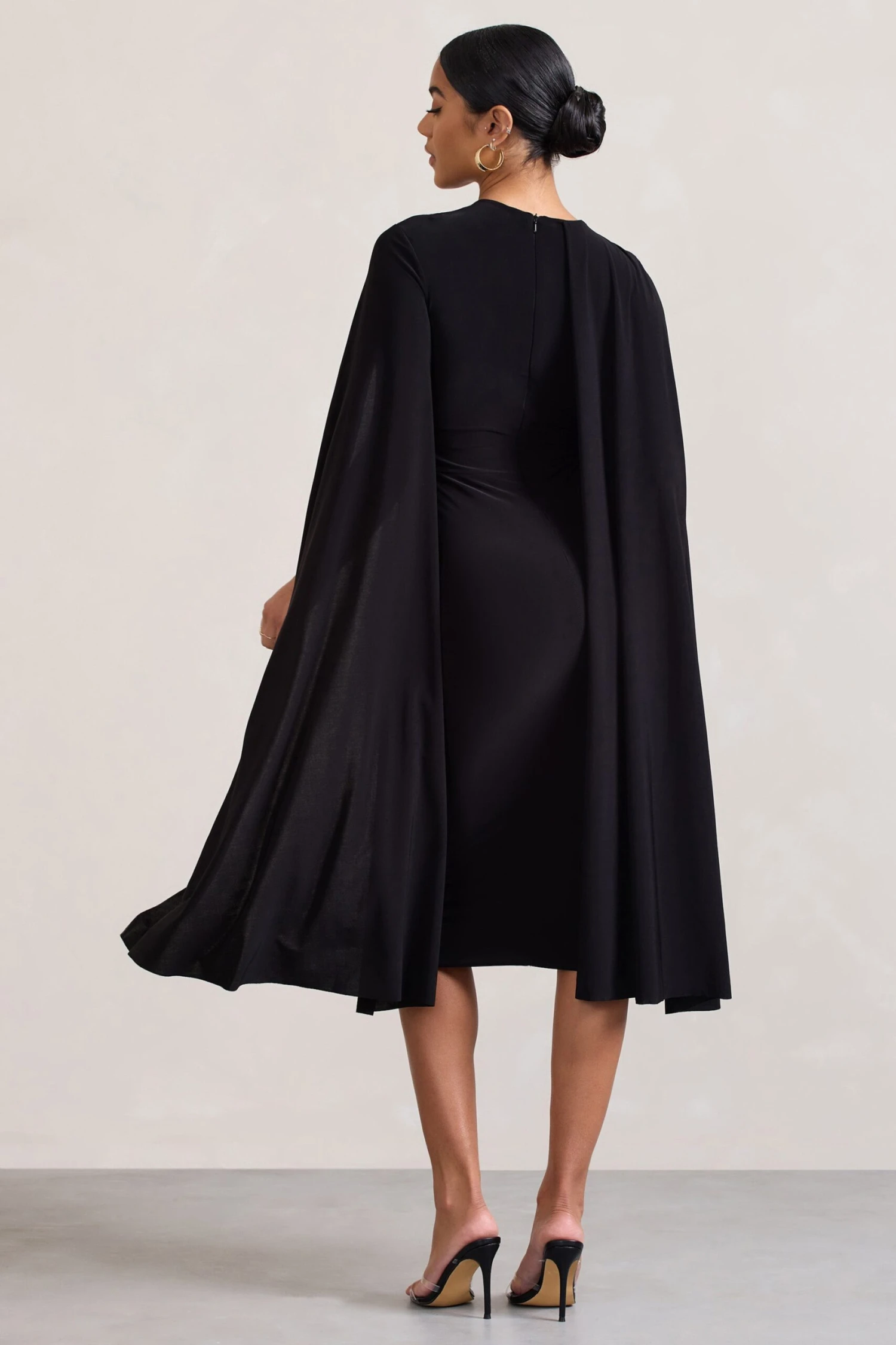 Marysol | Black Asymmetric Cape Midi Dress - Image 2