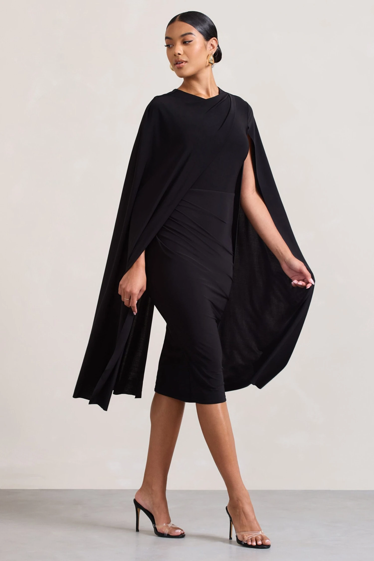 Marysol | Black Asymmetric Cape Midi Dress - Image 4