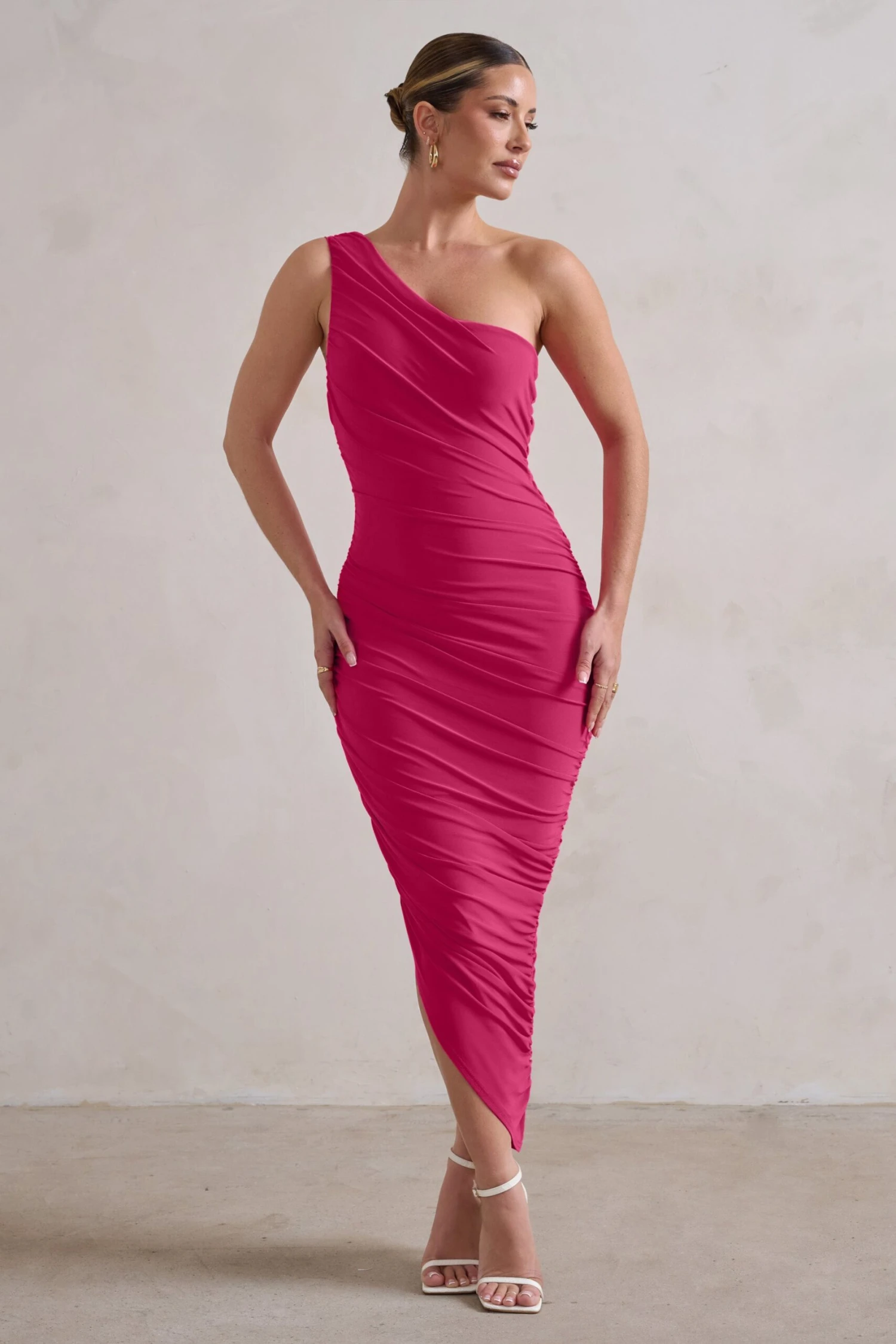 Dorit | Hot Pink One Shoulder Asymmetric Ruched Midi Dress - Image 4
