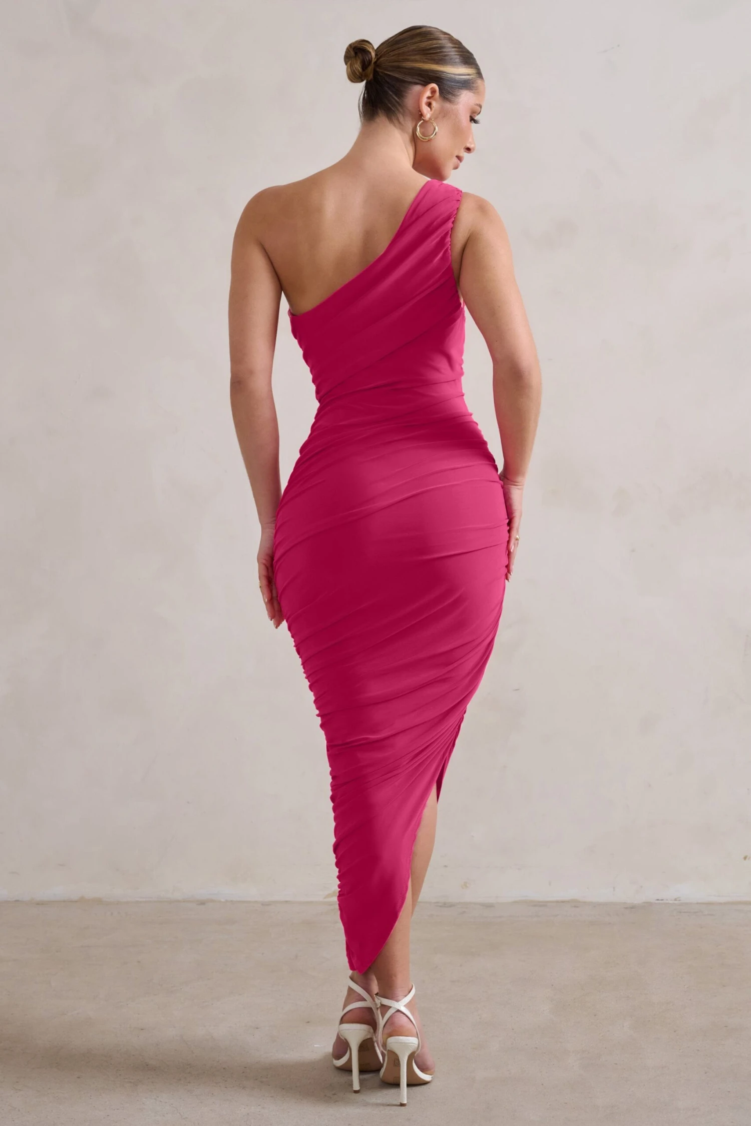 Dorit | Hot Pink One Shoulder Asymmetric Ruched Midi Dress - Image 2