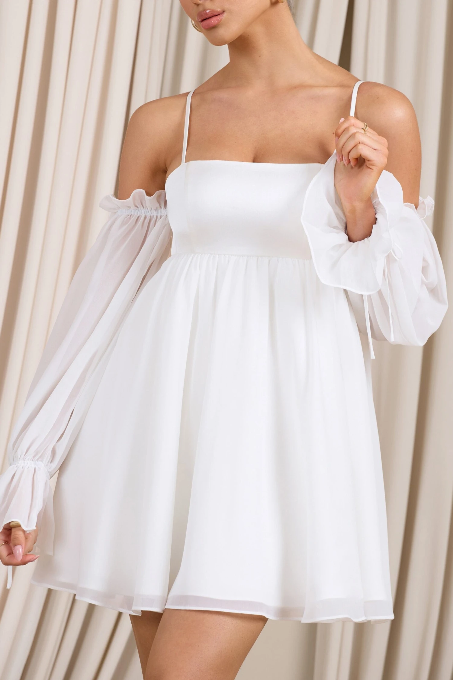 Daydream | White Satin Babydoll Mini Dress With Chiffon Sleeves - Image 3
