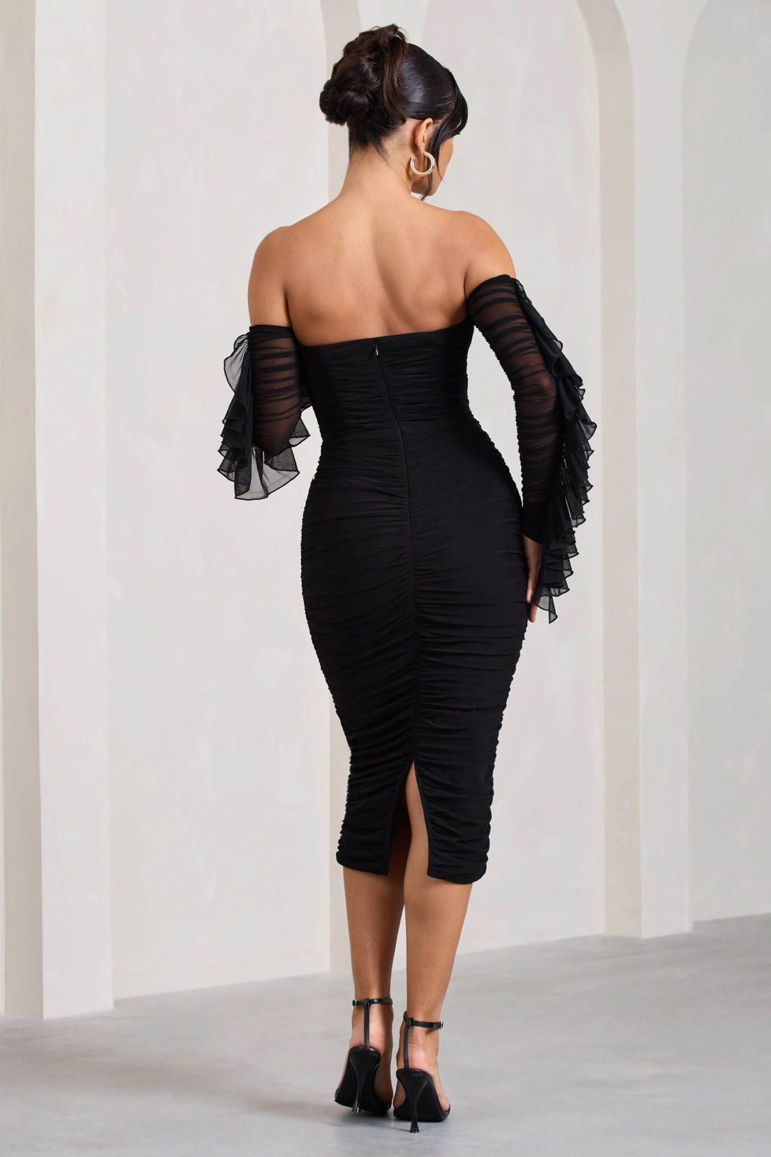 Favor | Black Ruched Mesh Bardot Midi Dress - Image 2