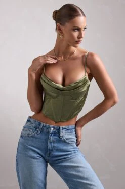 Prosecco | Olive Satin Draped Corset Top