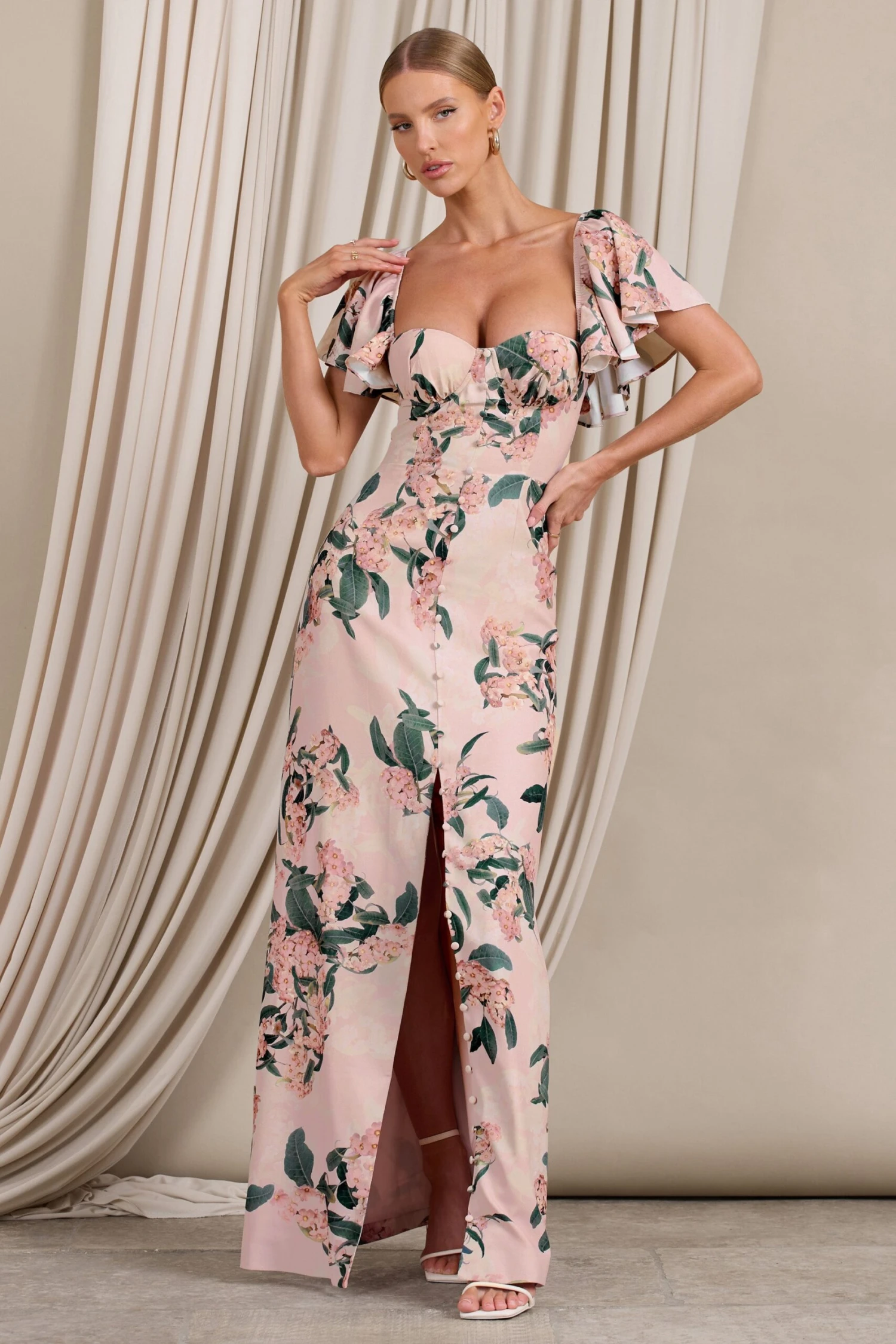 Signorina | Pink Floral Buttoned Maxi Dress With Flounced Short Sleeves - Image 4