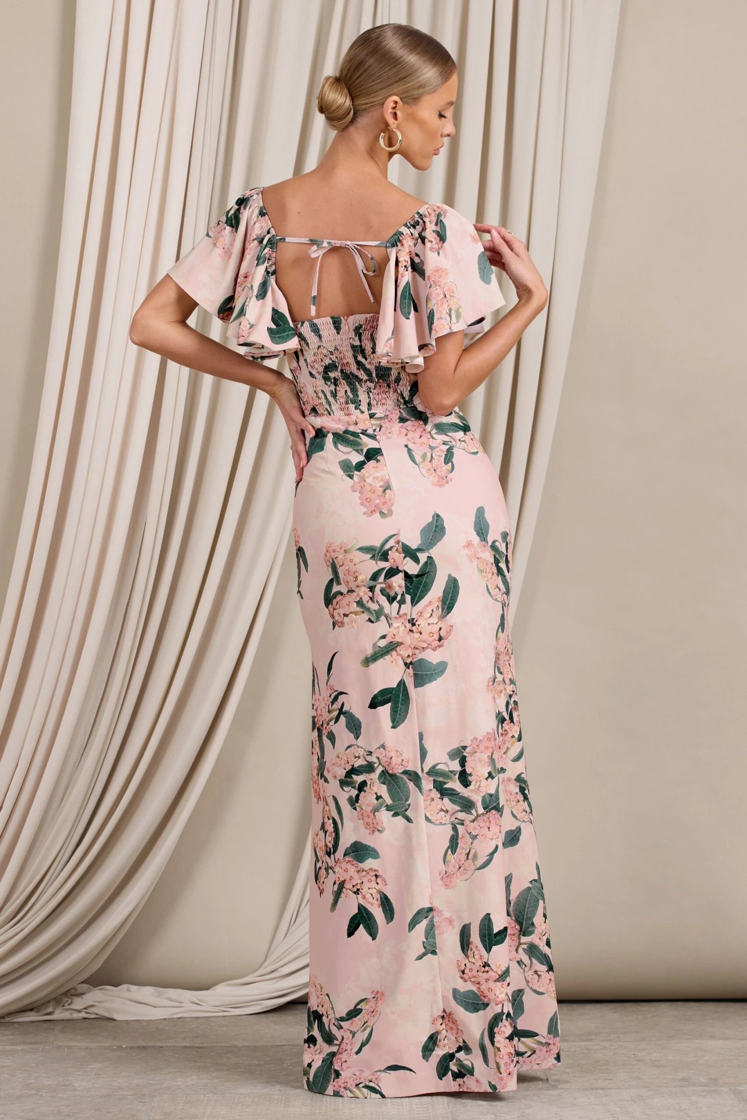 Signorina | Pink Floral Buttoned Maxi Dress With Flounced Short Sleeves - Image 2