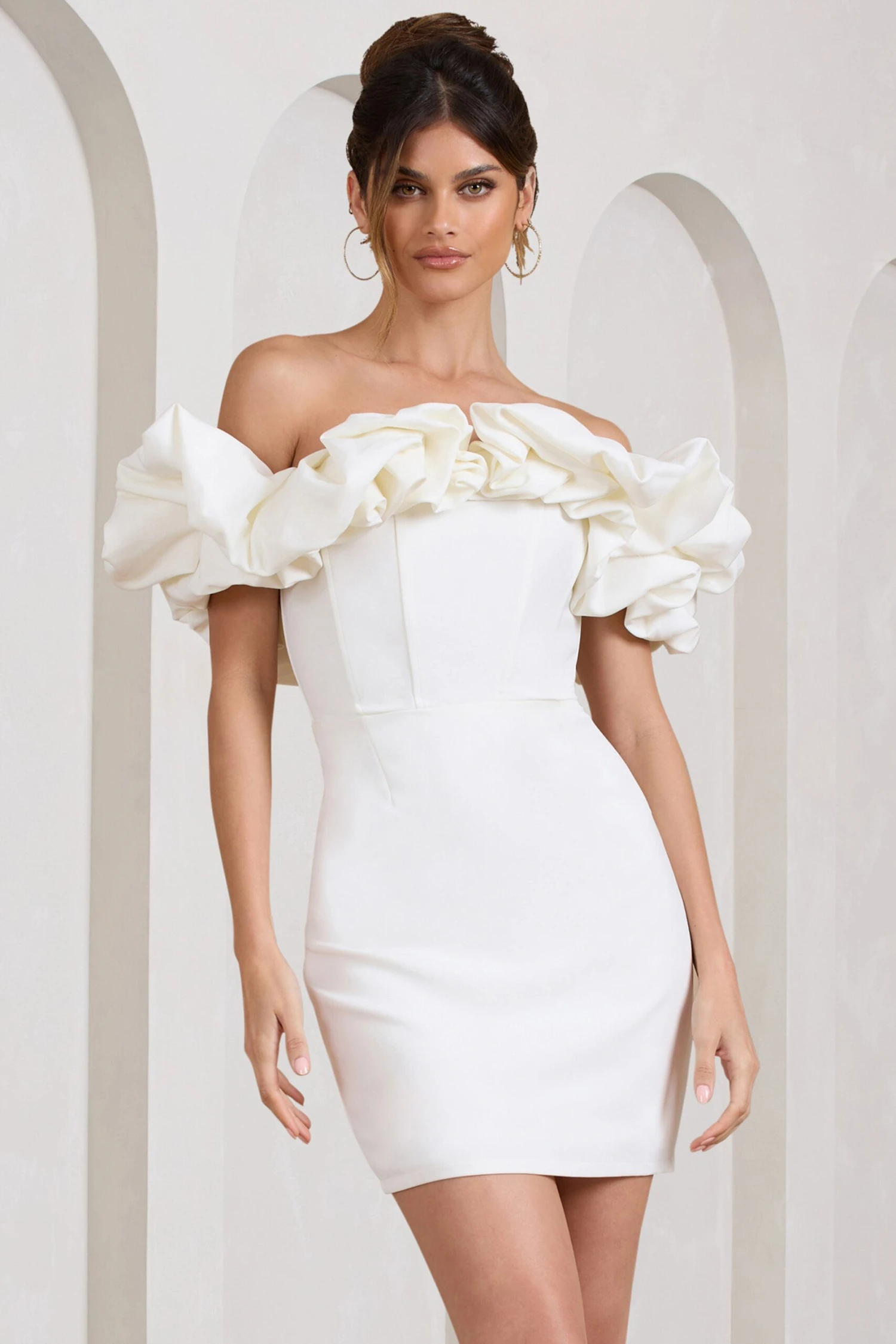Dawn | White Ruffled Bardot Mini Dress - Image 4