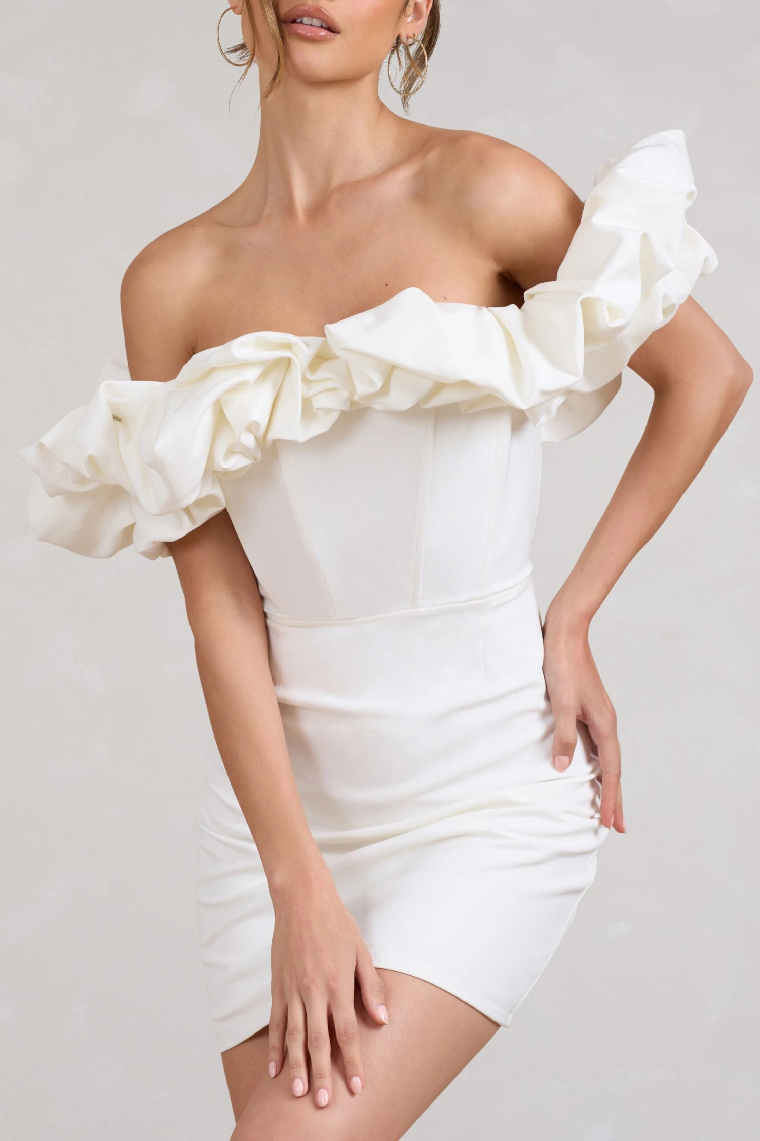 Dawn | White Ruffled Bardot Mini Dress - Image 3