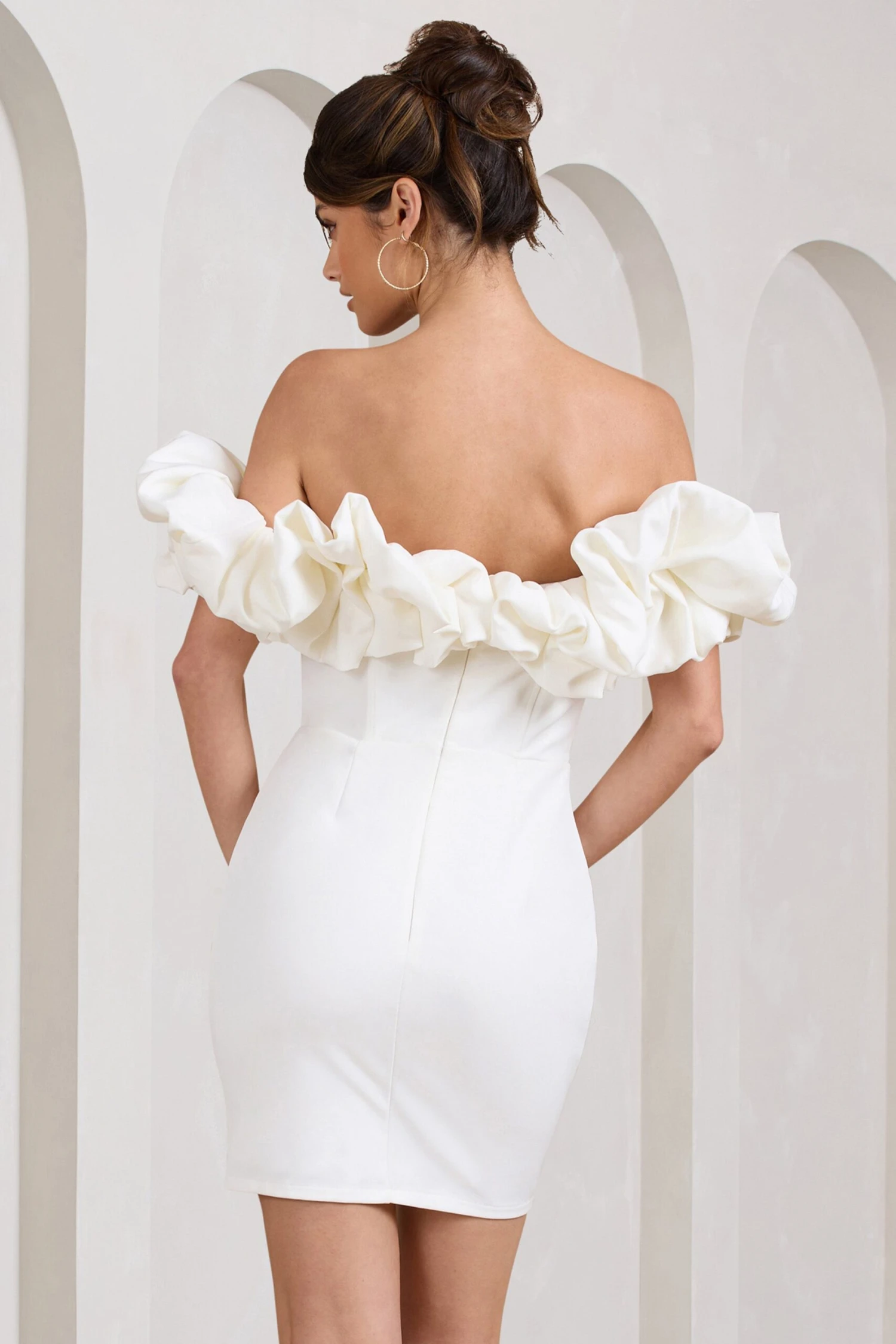 Dawn | White Ruffled Bardot Mini Dress - Image 2