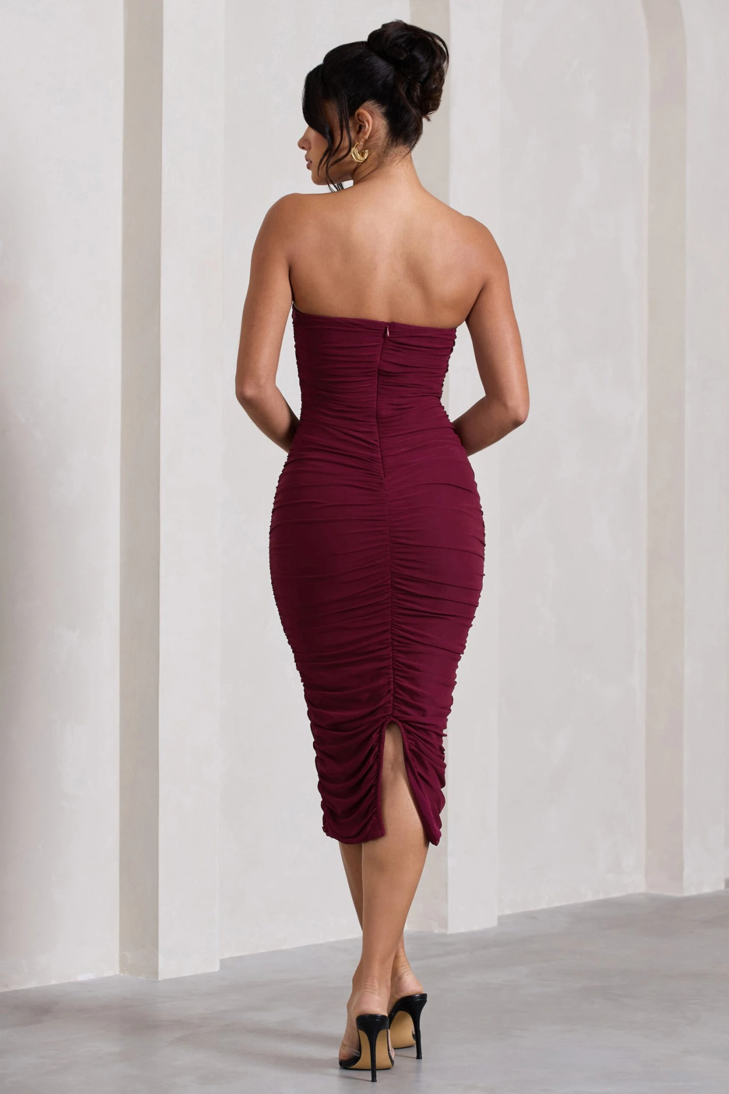 My Girl | Burgundy Bandeau Bodycon Ruched Mesh Midi Dress - Image 2