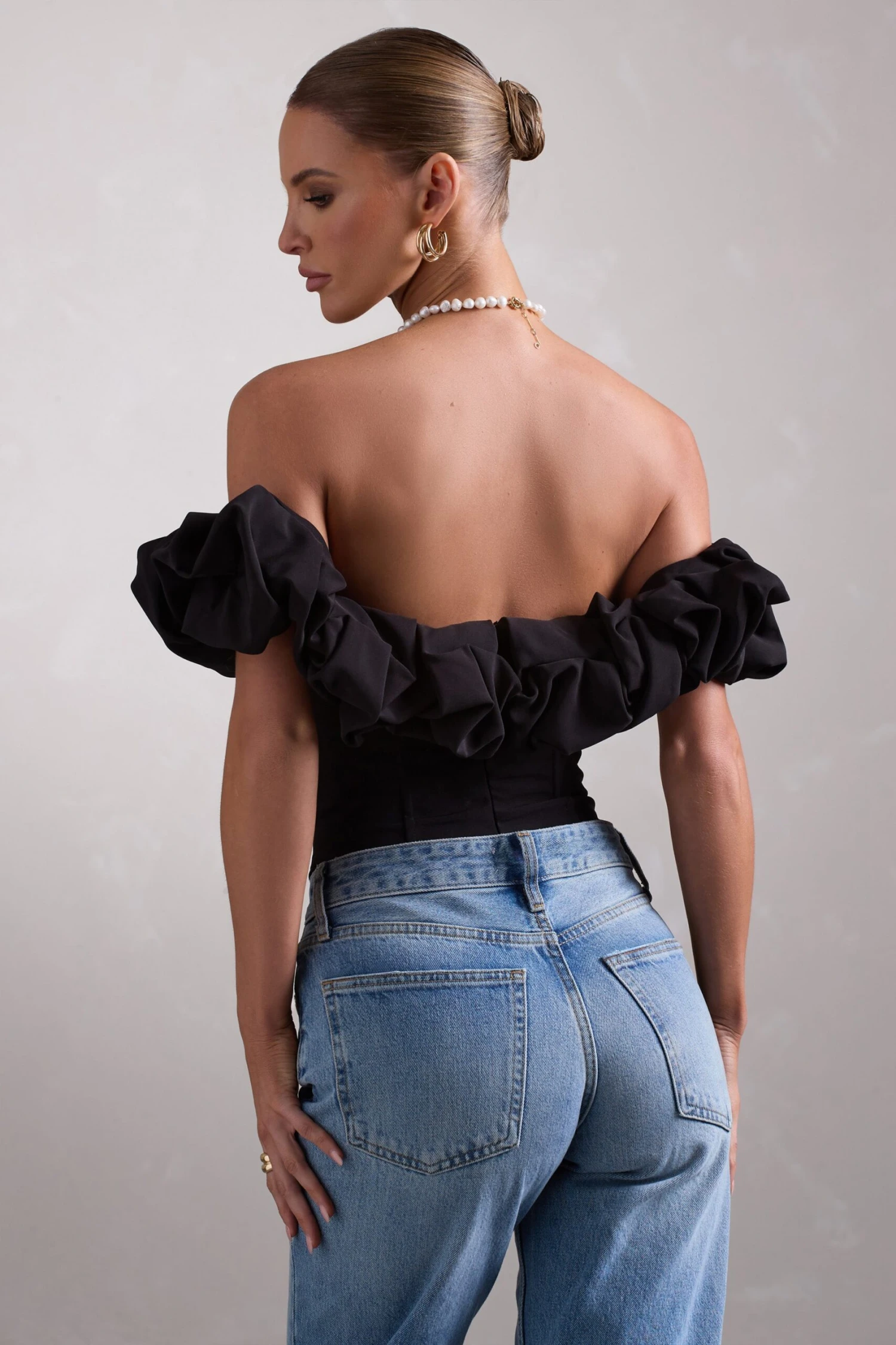 Ellie | Black Structured Statement Bardot Bodysuit - Image 2