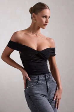 Ronnie | Black Off The Shoulder Ruched Bodysuit