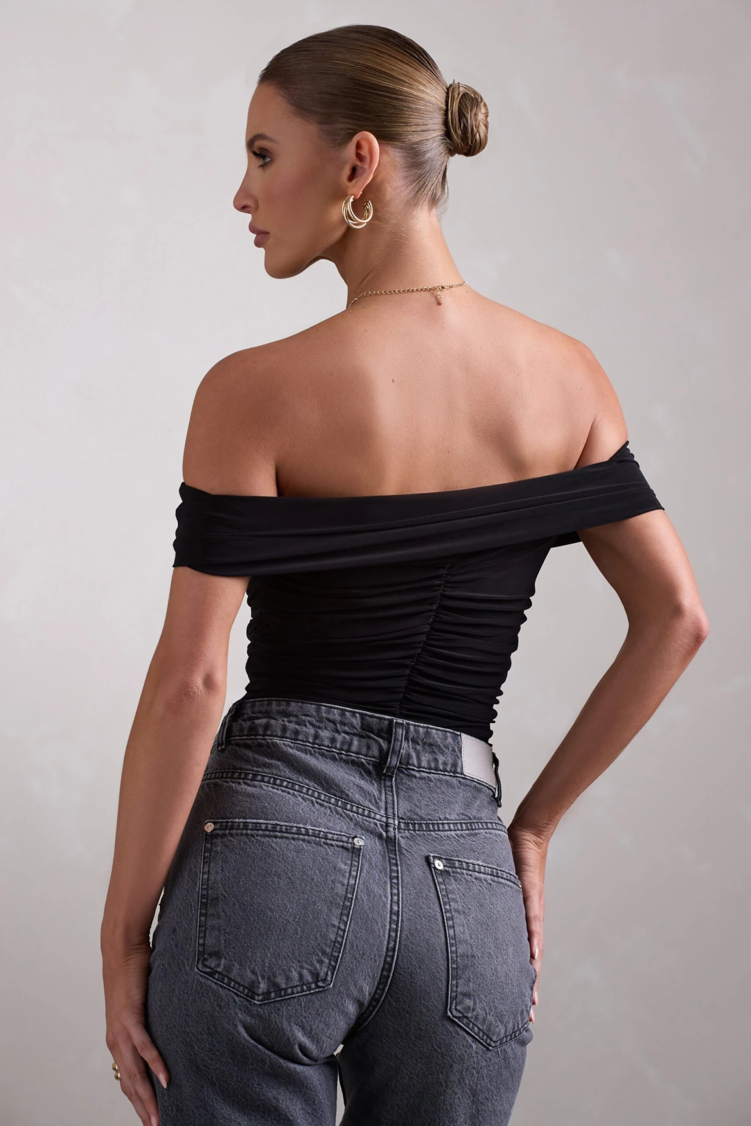 Ronnie | Black Off The Shoulder Ruched Bodysuit - Image 2