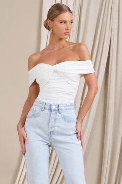 Ronnie | White Off The Shoulder Ruched Bodysuit