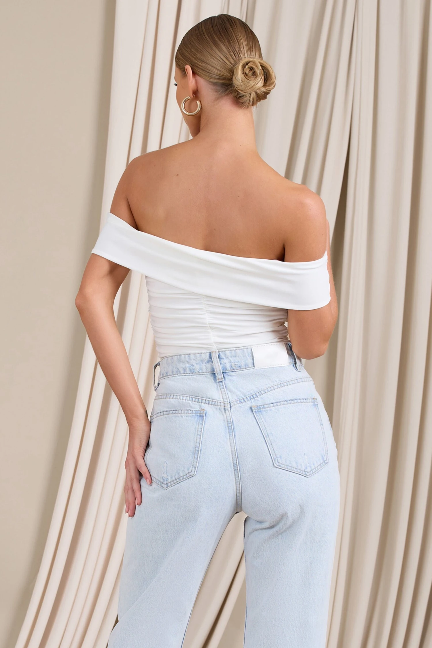 Ronnie | White Off The Shoulder Ruched Bodysuit - Image 2