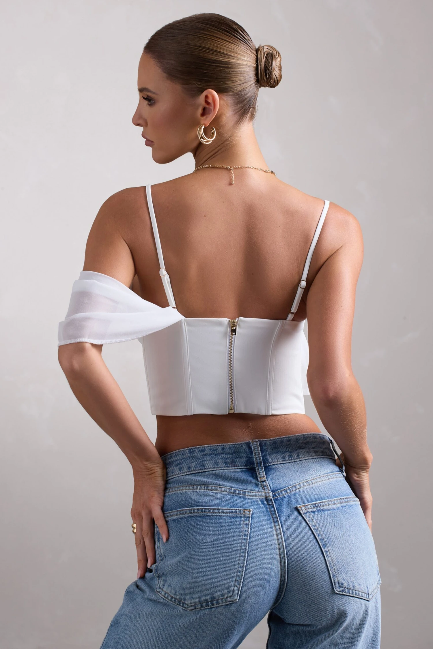 Lost In Your Love | White Asymmetric Corset Top With Draped Chiffon Sleeve - Image 2
