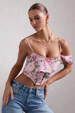 Lost In Your Love | Pink Floral Print Asymmetric Corset Top With Draped Chiffon Sleeve