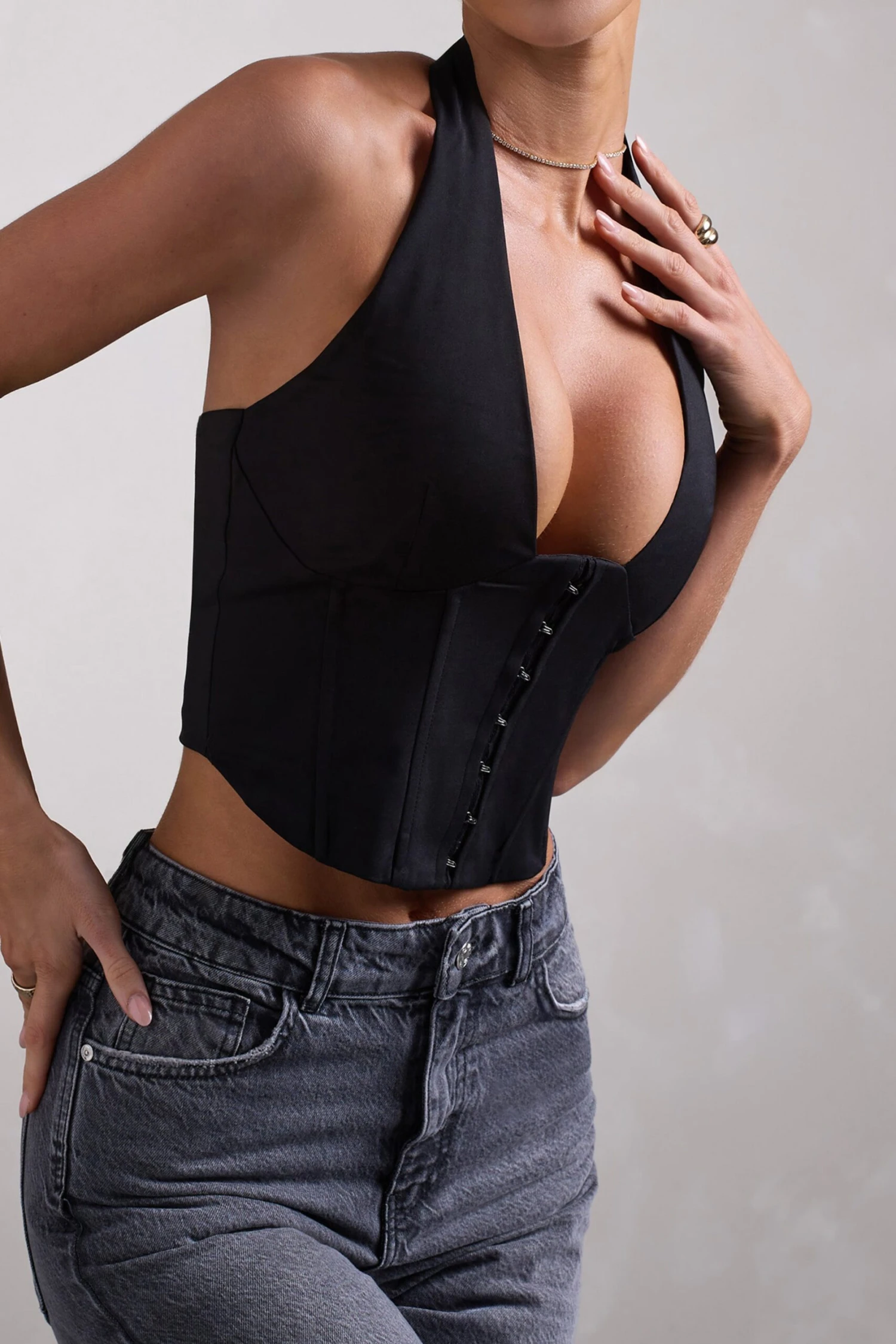 Fame | Black Plunging Halter-Neck Corset Top - Image 5
