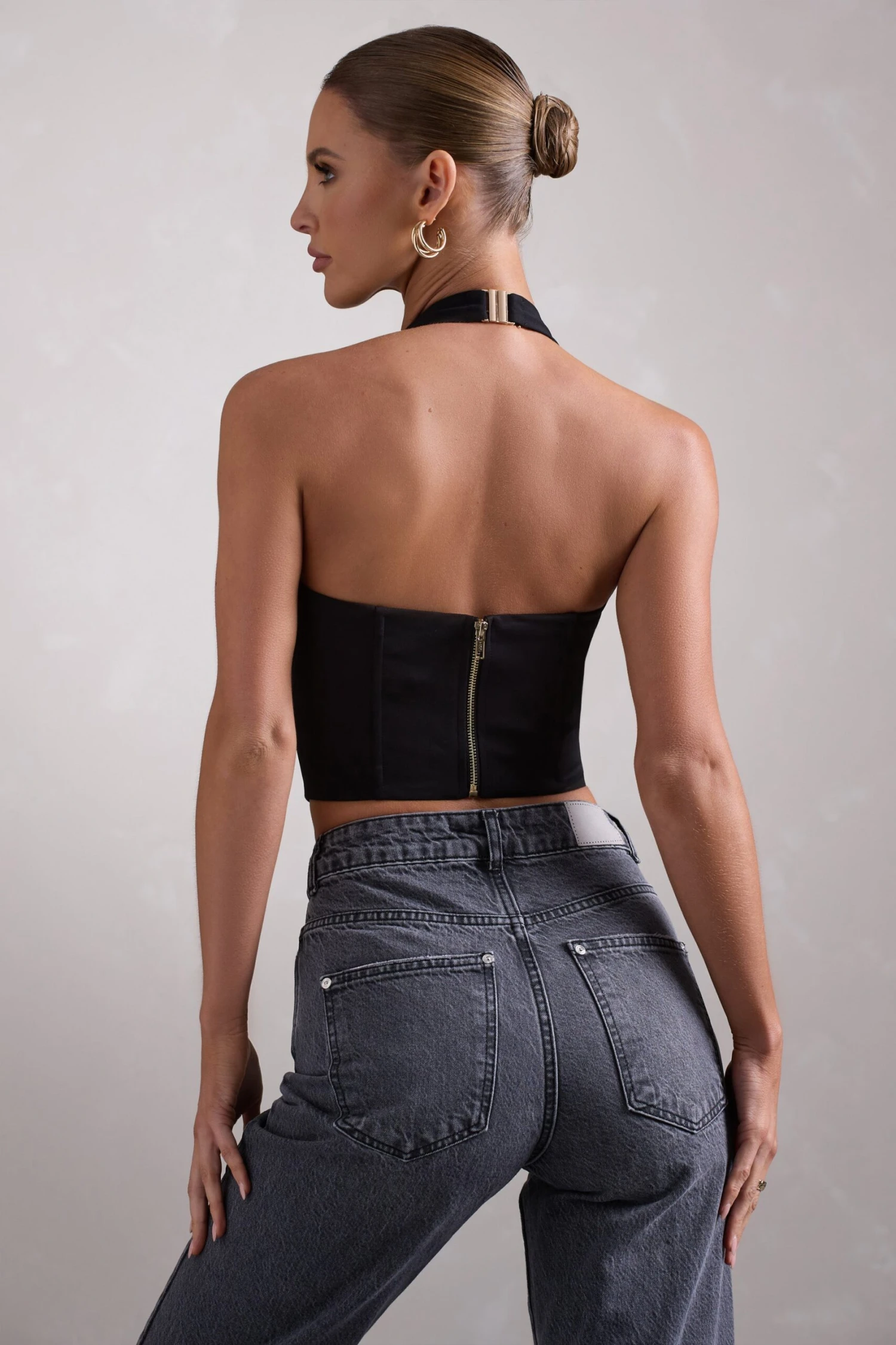 Fame | Black Plunging Halter-Neck Corset Top - Image 2