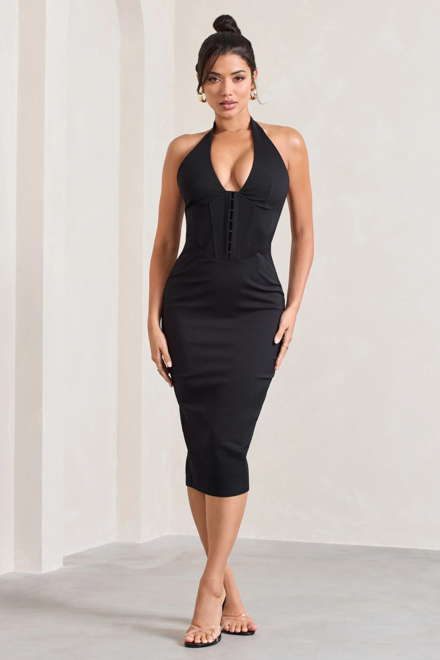 Mariah | Black Halter-Neck Corset Midi Dress - Image 4