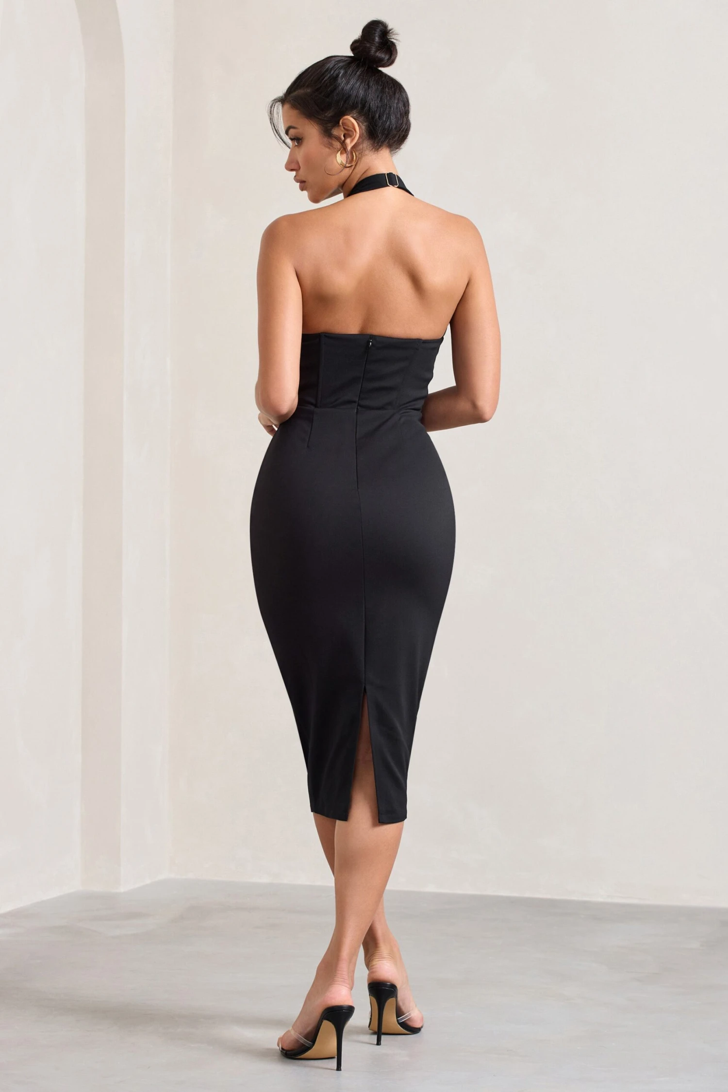 Mariah | Black Halter-Neck Corset Midi Dress - Image 2
