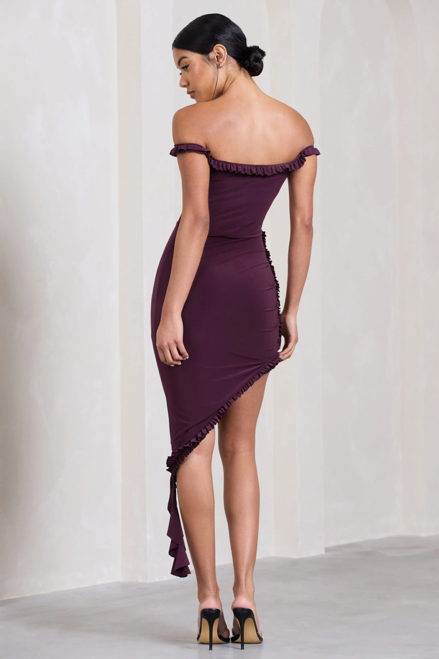 Deserted | Plum Bardot Frilled Asymmetric Midi Dress - Image 2