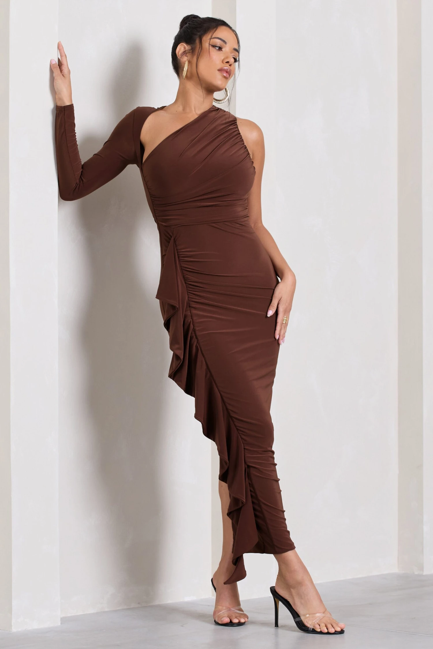 Compass | Brown One-Sleeved Cut-Out Maxi Dress With Ruffle - Image 4