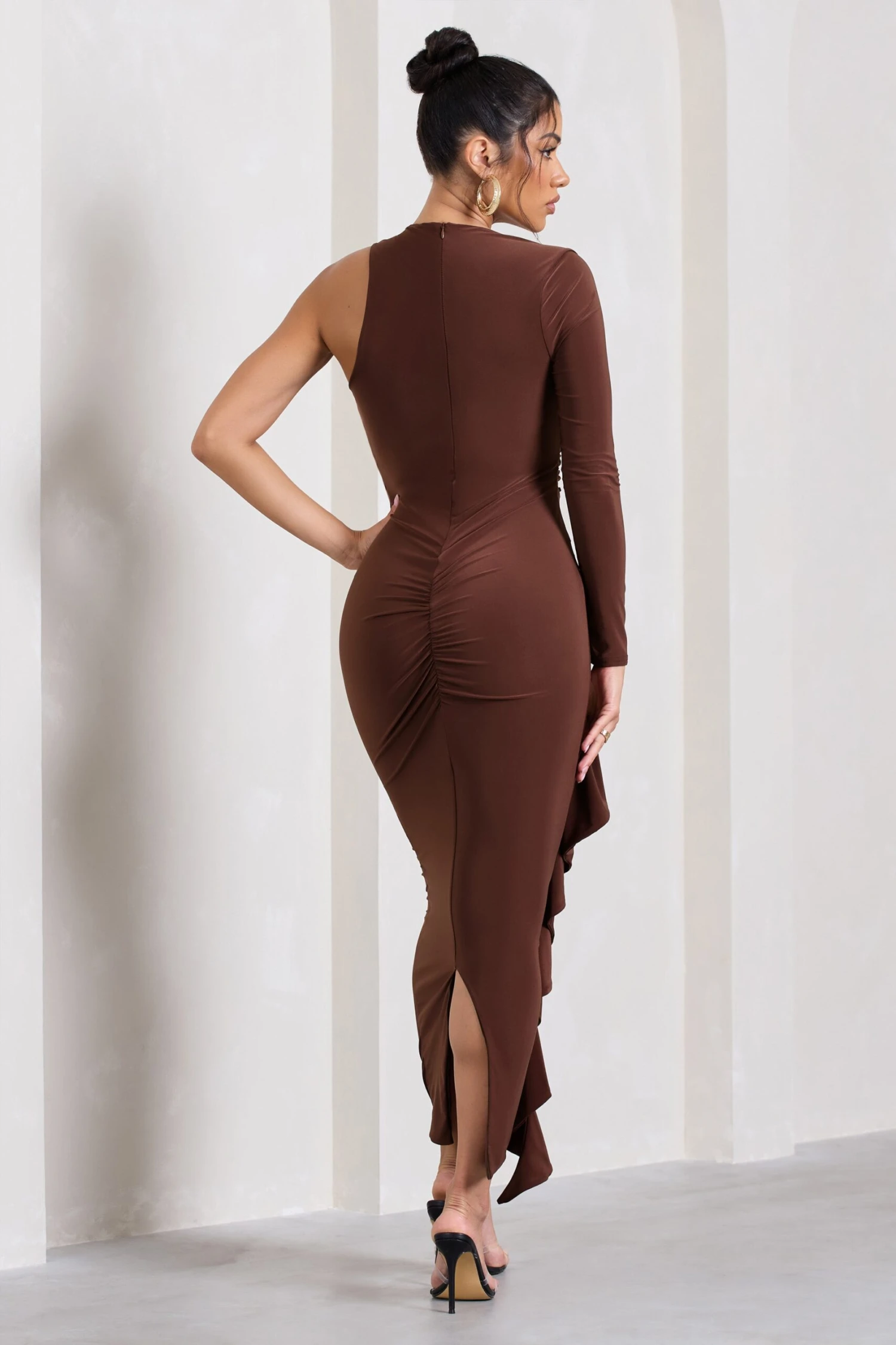 Compass | Brown One-Sleeved Cut-Out Maxi Dress With Ruffle - Image 2