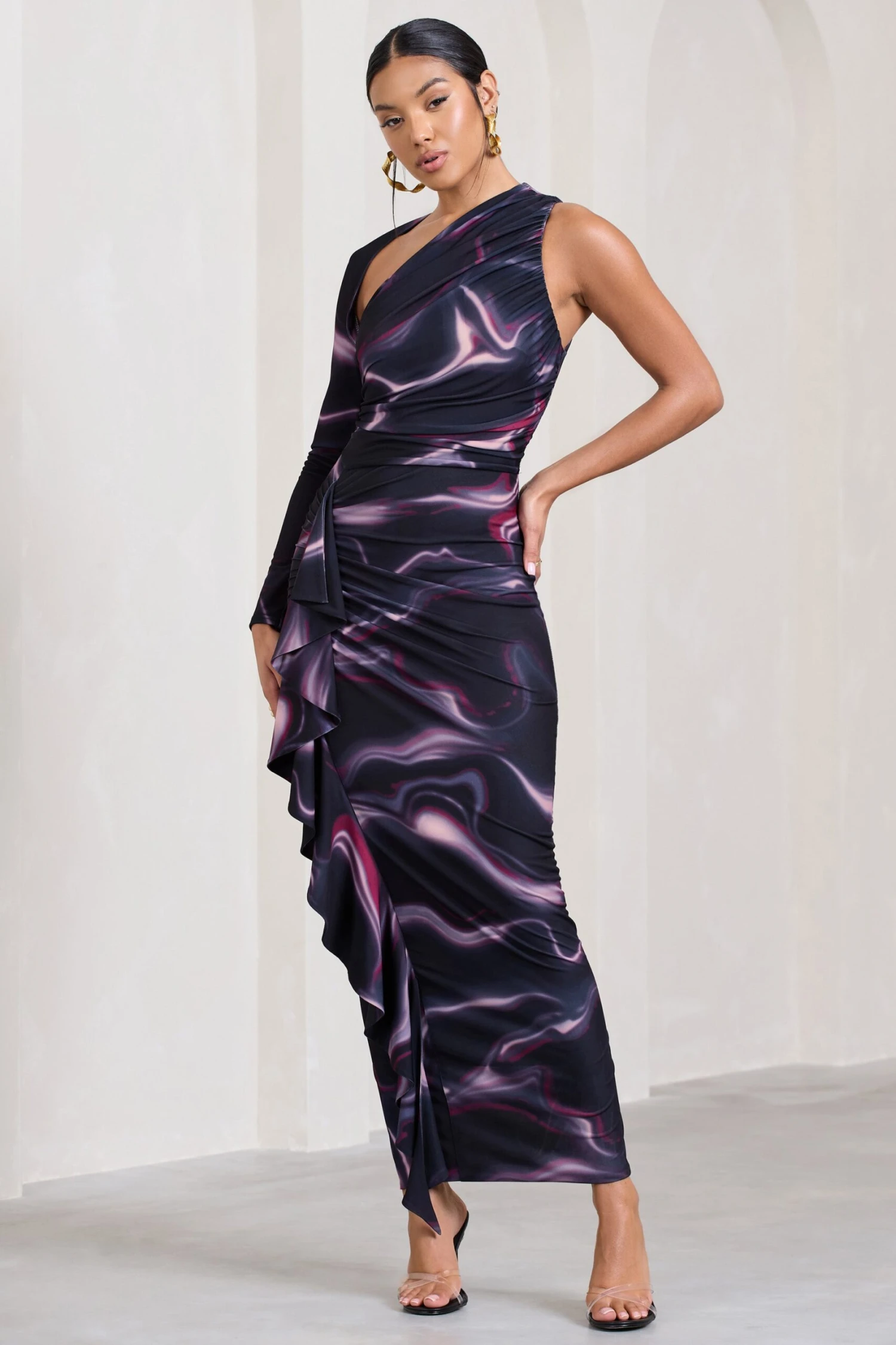 Compass | Black Printed One-Sleeved Cut-Out Maxi Dress With Ruffle - Image 4