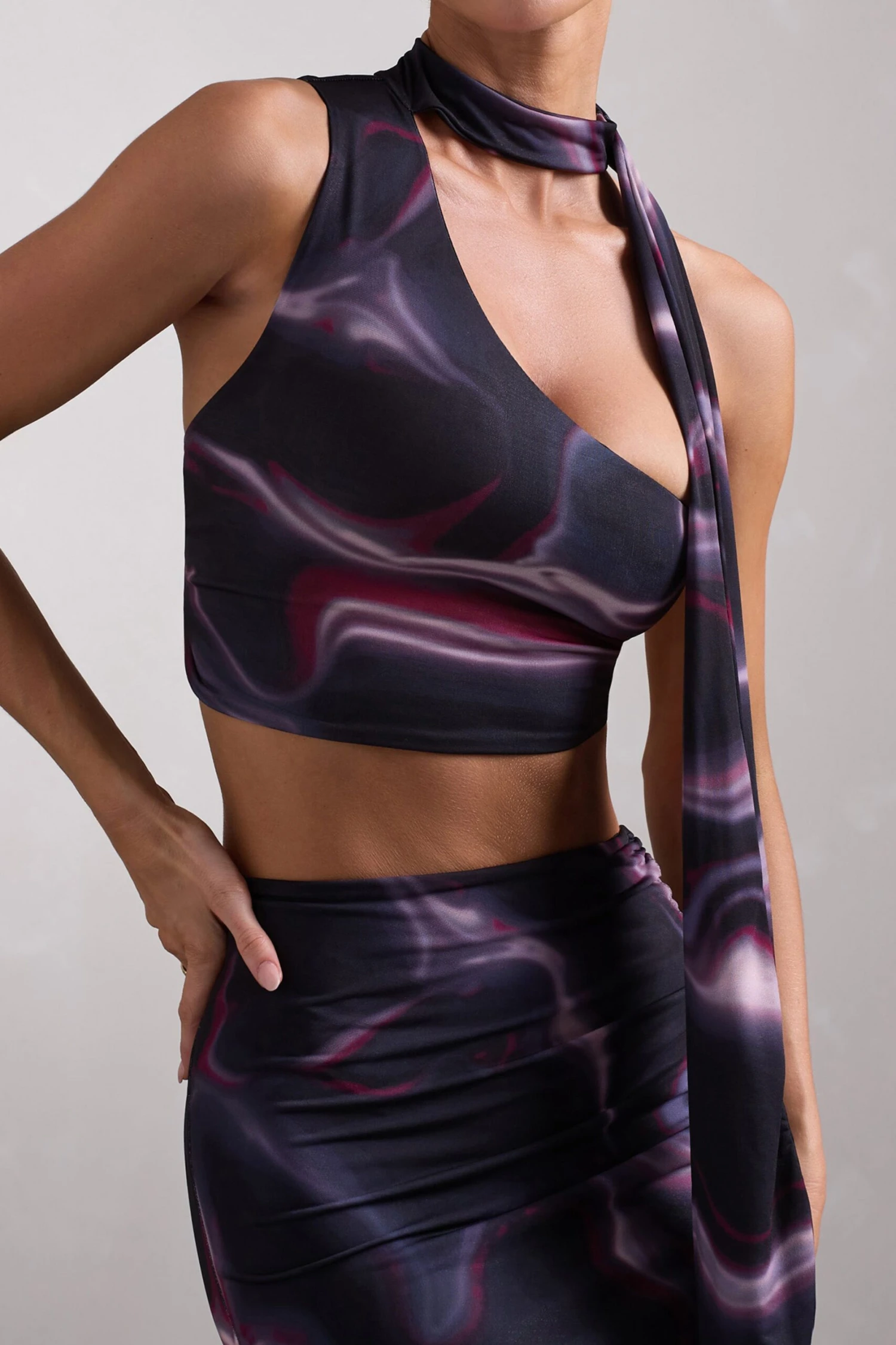 North Wind | Black Printed One-Shoulder Crop Top With Scarf - Image 3