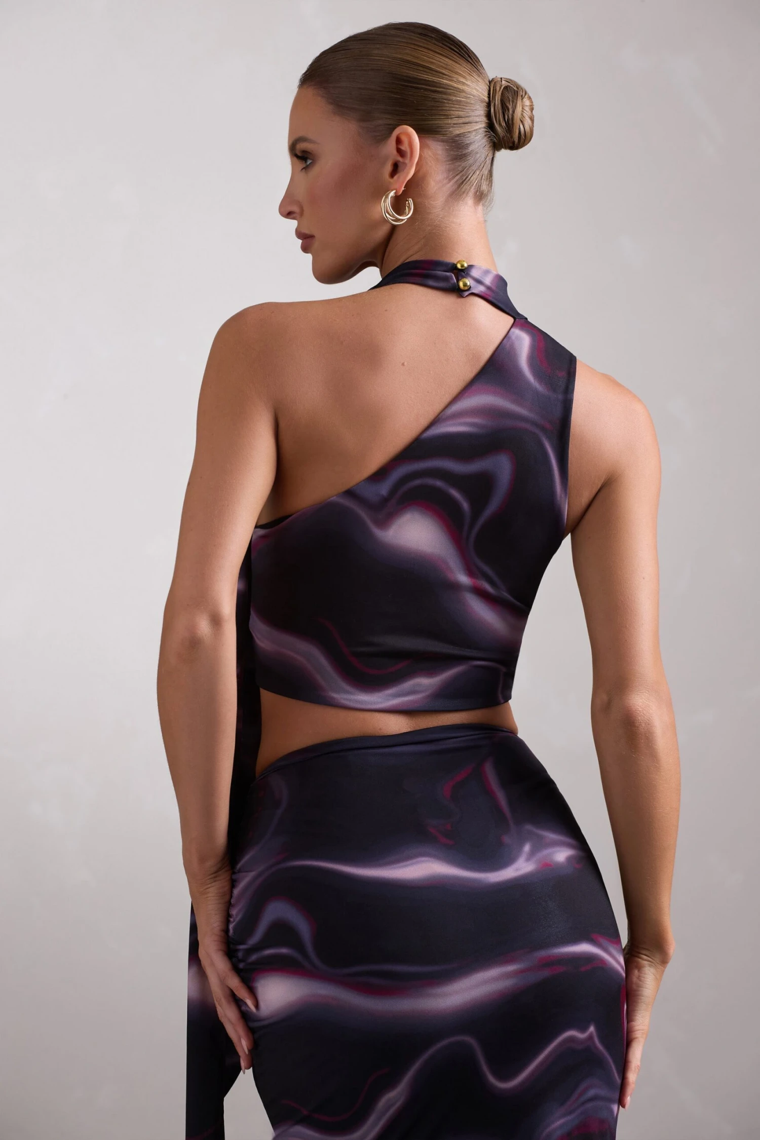 North Wind | Black Printed One-Shoulder Crop Top With Scarf - Image 2